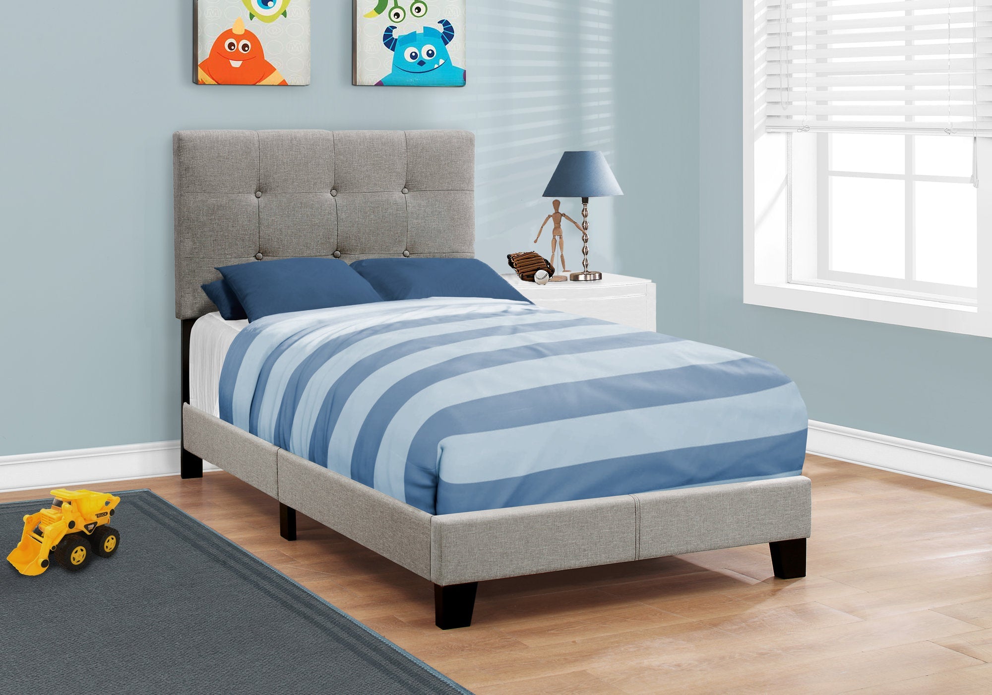 Twin Size Bed Frame with Grey Linen Upholstery - Modern Minimalist Platform Bed for Small Spaces, Guest Rooms & Dormitories