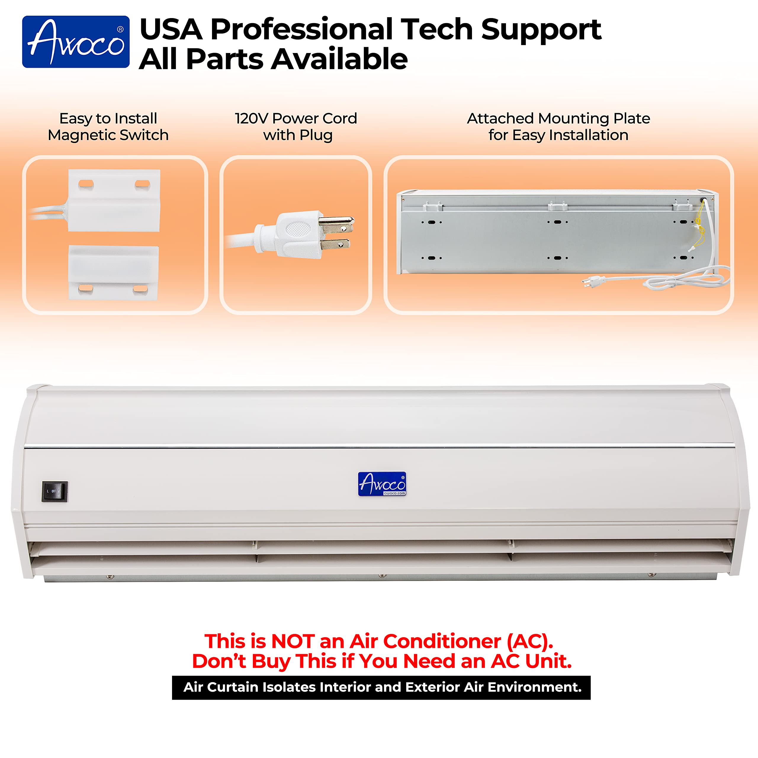 Awoco 36-Inch 2-Speed 900 CFM Commercial Air Curtain for Doors - Magnetic Door Switch for Easy Installation - Ideal for Restaurants, Retail Stores & Offices