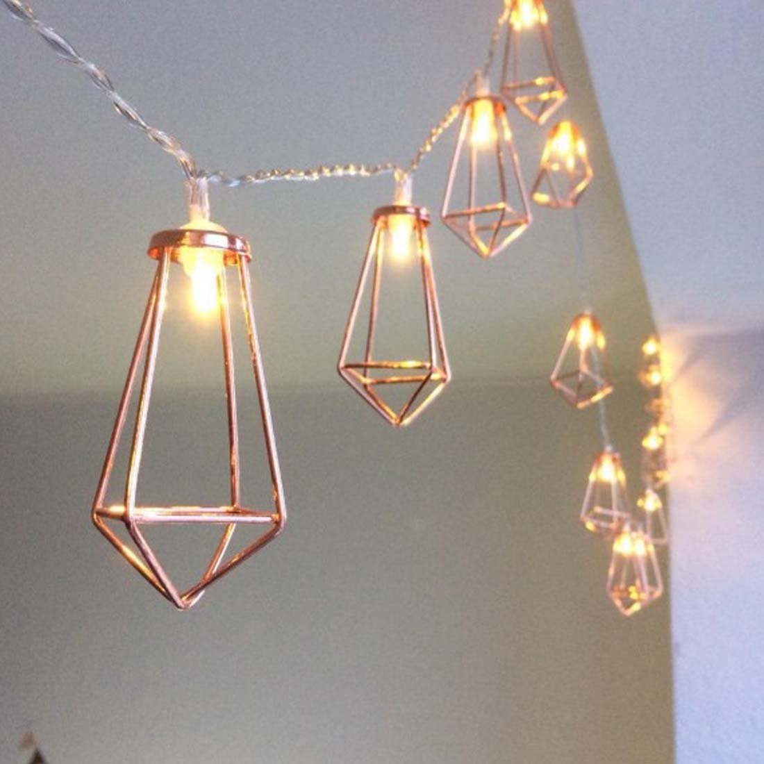 5ft 10-LED Rose Gold Geometric Diamond Metal Wire Fairy Lights - Battery Operated Water Drop Cage String Lights for Christmas, Wedding, Party, Garden & Home Decor - Perfect for Bedroom, Patio, and Outdoor Events