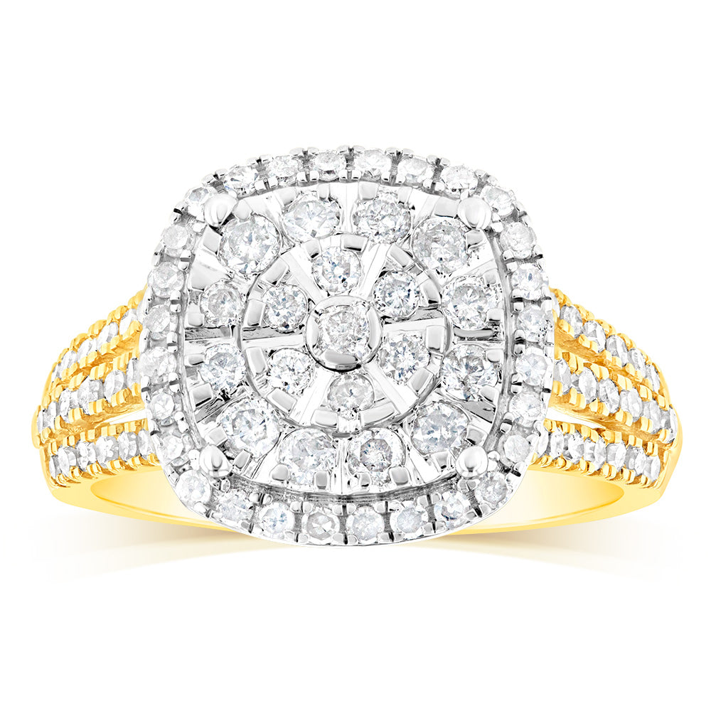 1 Carat Cushion Cut Diamond Ring in 9K Yellow Gold & Sterling Silver - Elegant Engagement & Wedding Ring for Women