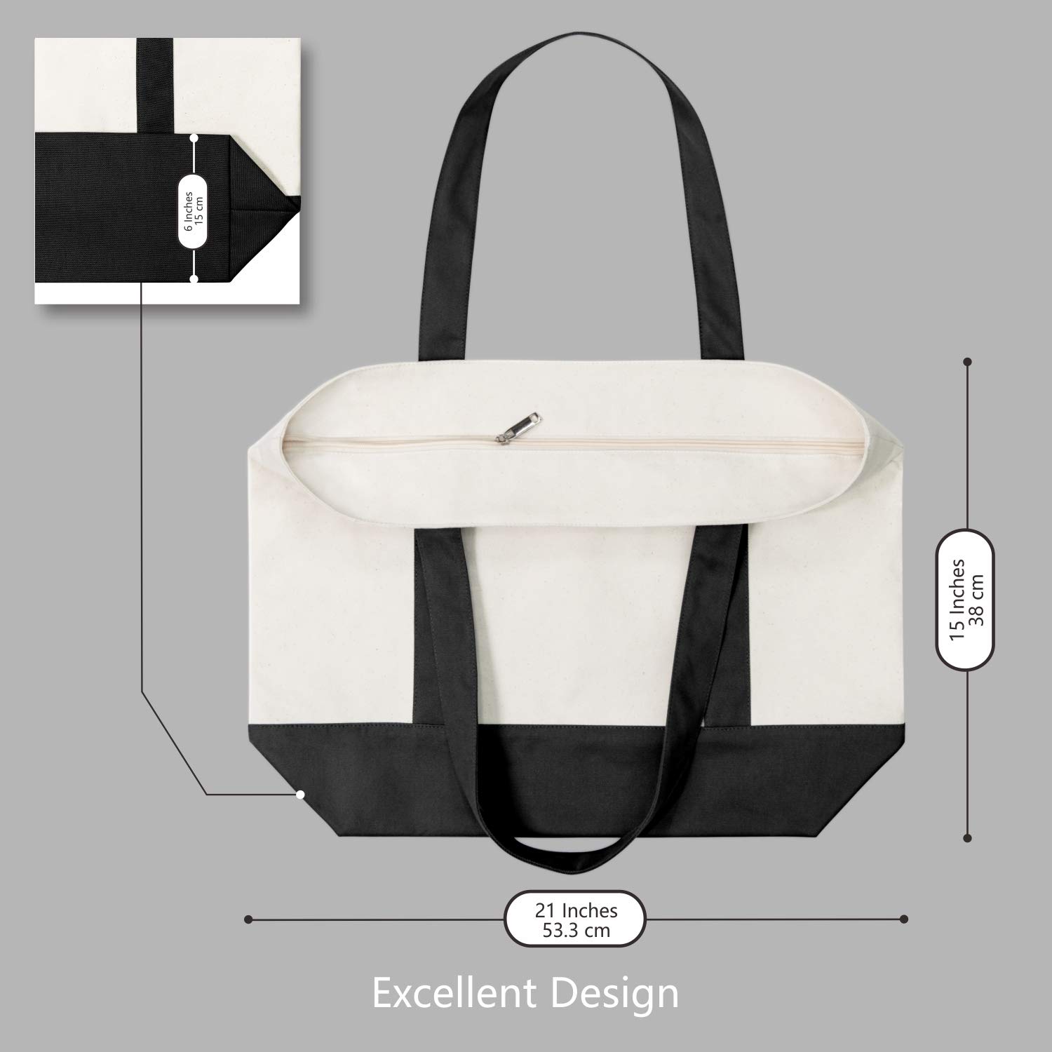 TOPDesign 30-Pack Canvas Tote Bags with External Pocket - Reusable Grocery Shopping Bags with Top Zipper Closure for Daily Essentials (Black/Natural) - Perfect for Grocery Shopping, Beach Trips & Work Commute