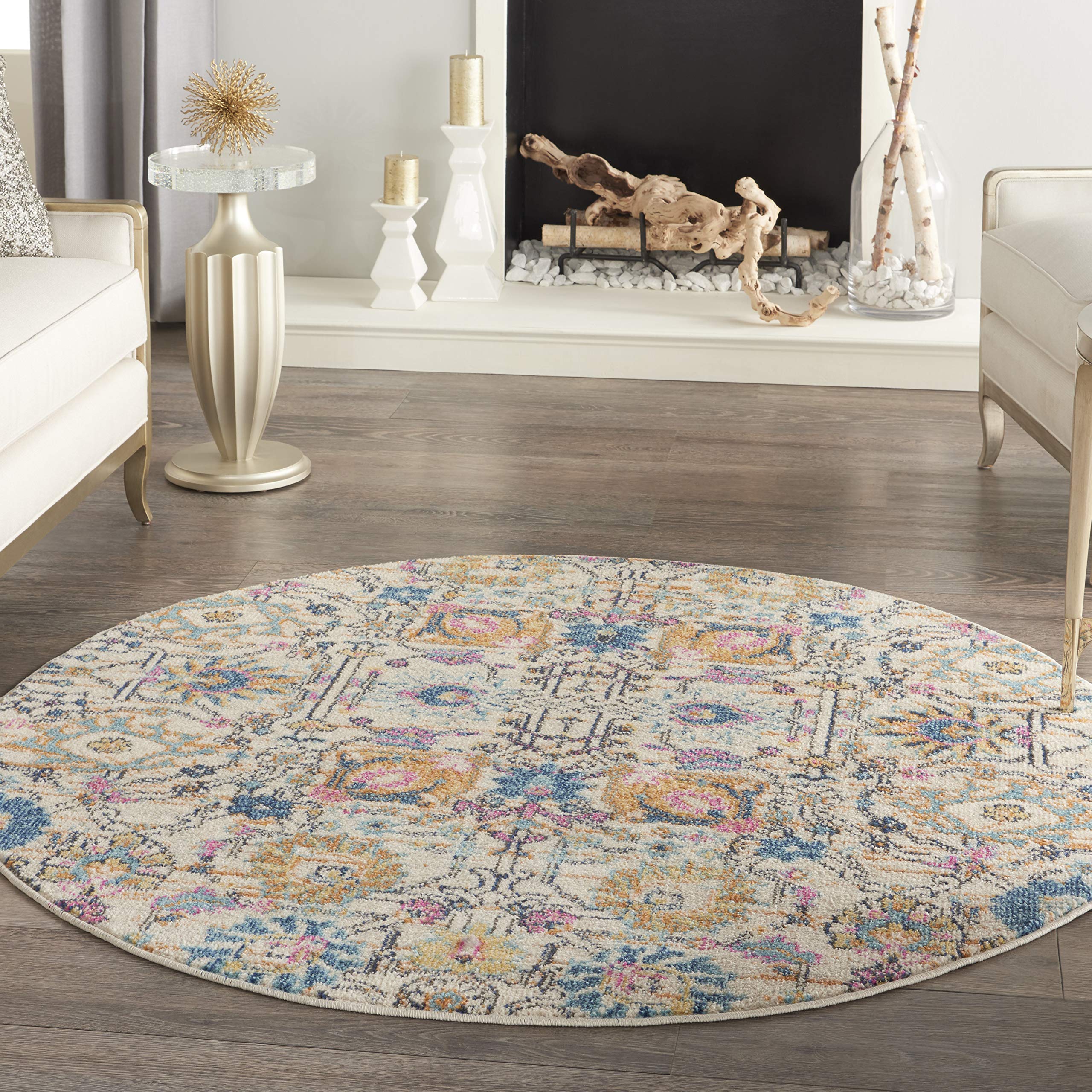 Nourison Passion Ivory/Multi 4' Round Boho Moroccan Area Rug - Non-Shedding, Easy to Clean - Perfect for Bedroom, Living Room, Dining Room & Kitchen Decor