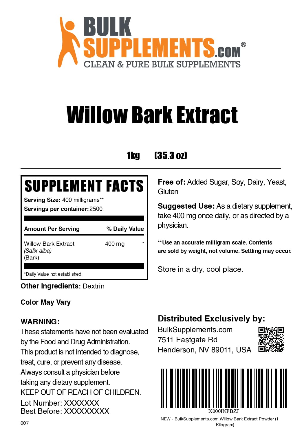 White Willow Bark Extract Powder 1kg (2.2 lbs) | 400mg per Serving | Gluten Free Herbal Supplement | Natural Pain Relief & Anti-Inflammatory | for Tea, Capsules & Wellness Recipes