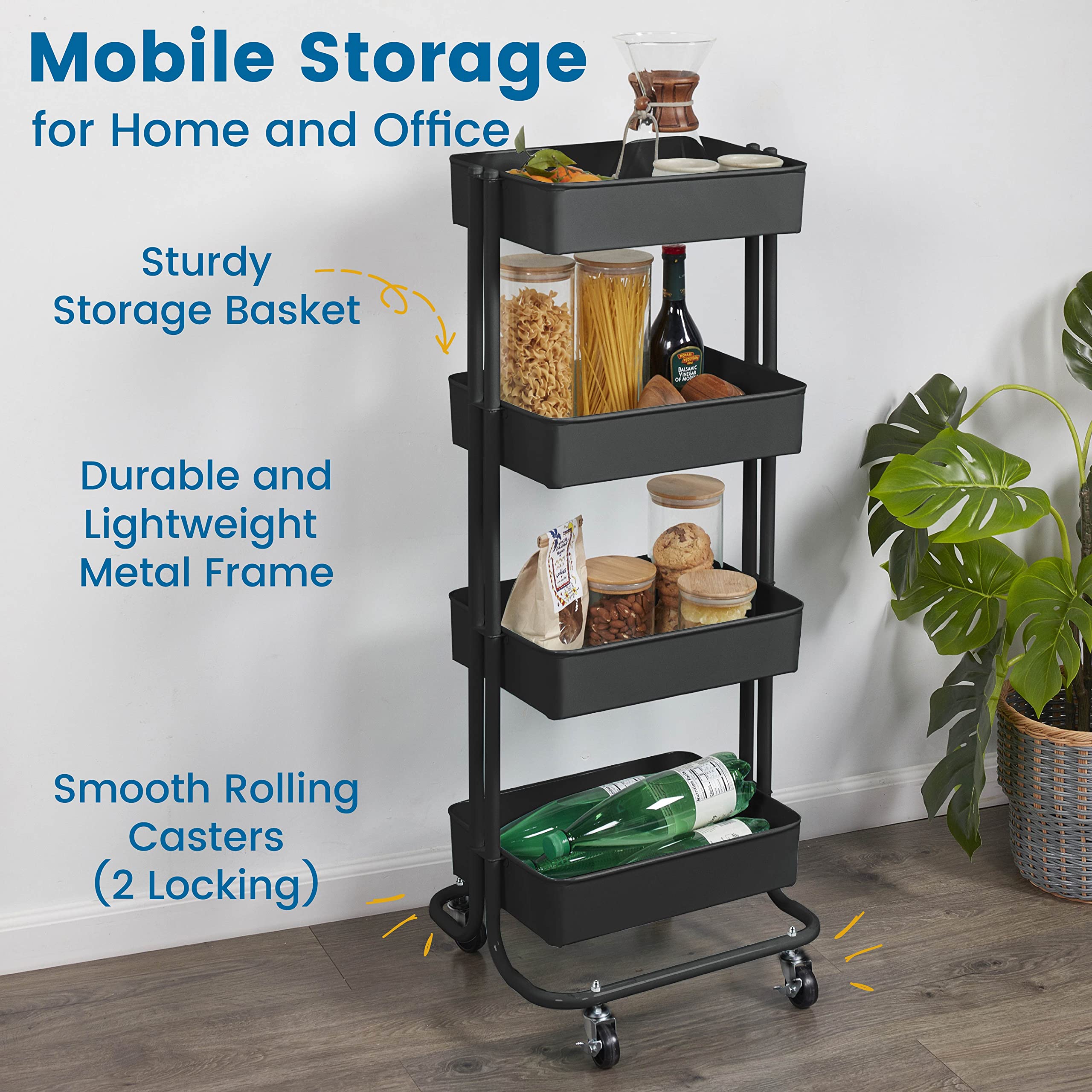 ECR4Kids 4-Tier Metal Rolling Utility Cart with Wheels - Black Multipurpose Storage Organizer for Kitchen, Office, Classroom, Craft Room & Home Organization