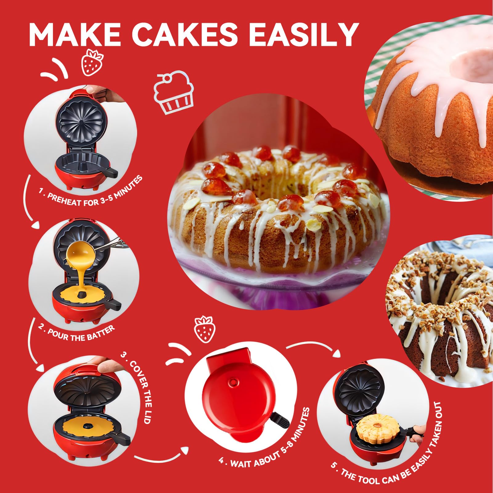 Mini Cake Maker - Portable Electric Bundt Cupcake Maker with Double-Sided Heating for Breakfast, Desserts & Snacks - Perfect for Home, Office & Travel (Red)