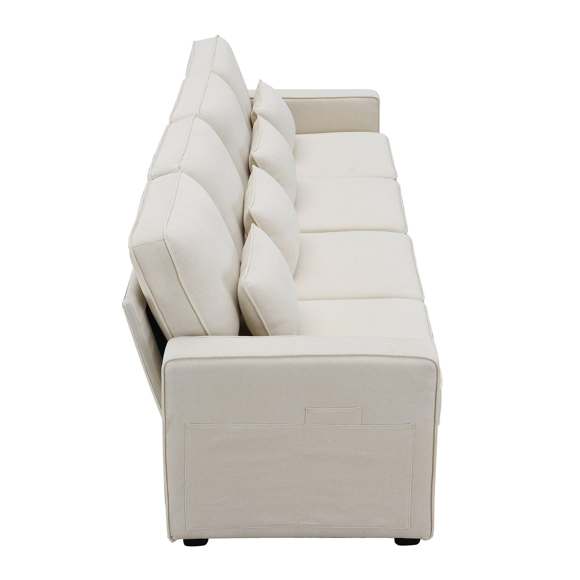 Modern 4-Seater Linen Fabric Sofa with Armrest Pockets & 4 Throw Pillows - Minimalist Living Room Couch for Small Spaces, Apartments and Cozy Home Decor