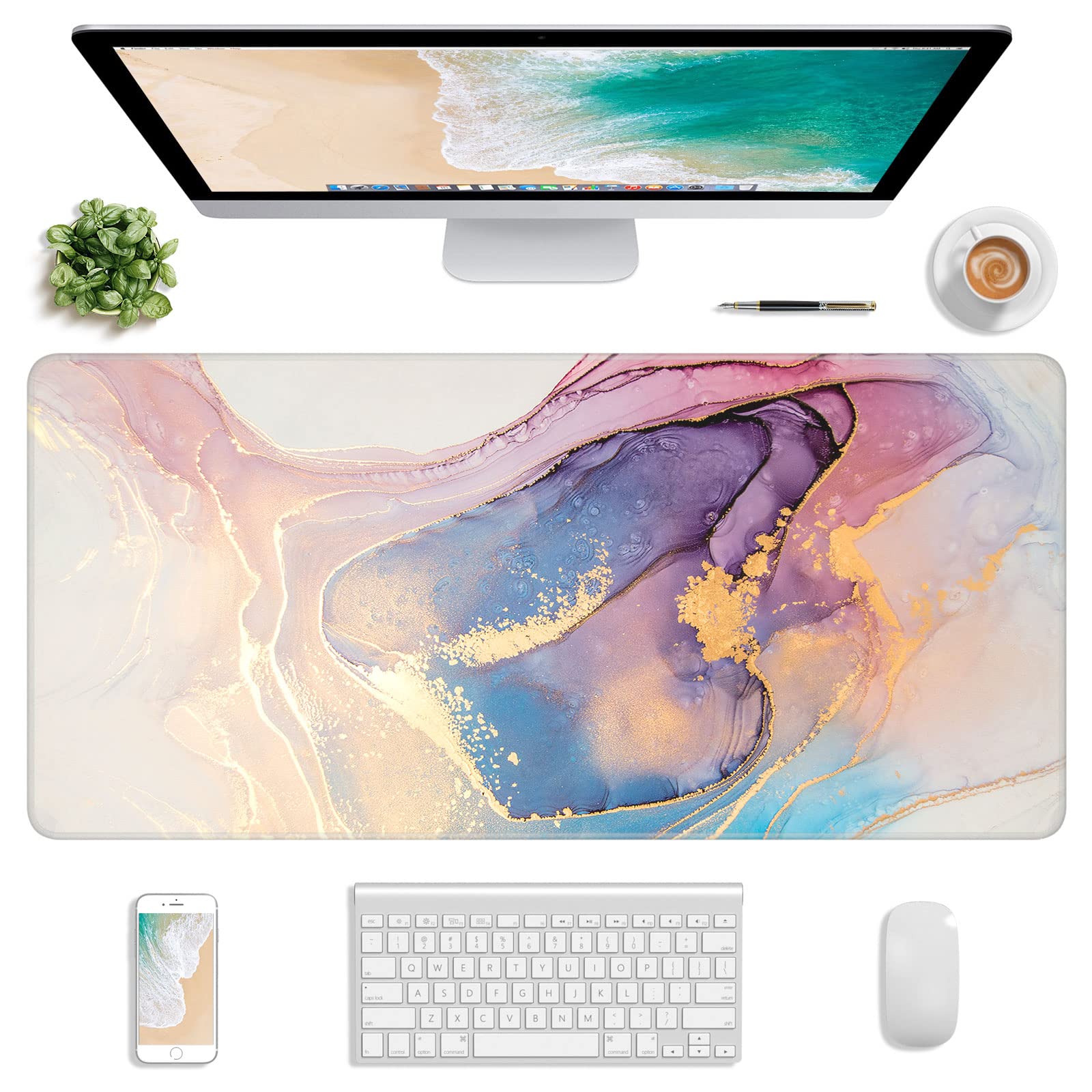 Extended Gaming Mouse Pad - XXL 30x14 Inch, Waterproof Non-Slip Desk Mat for Office & Gaming - White Pink Marble