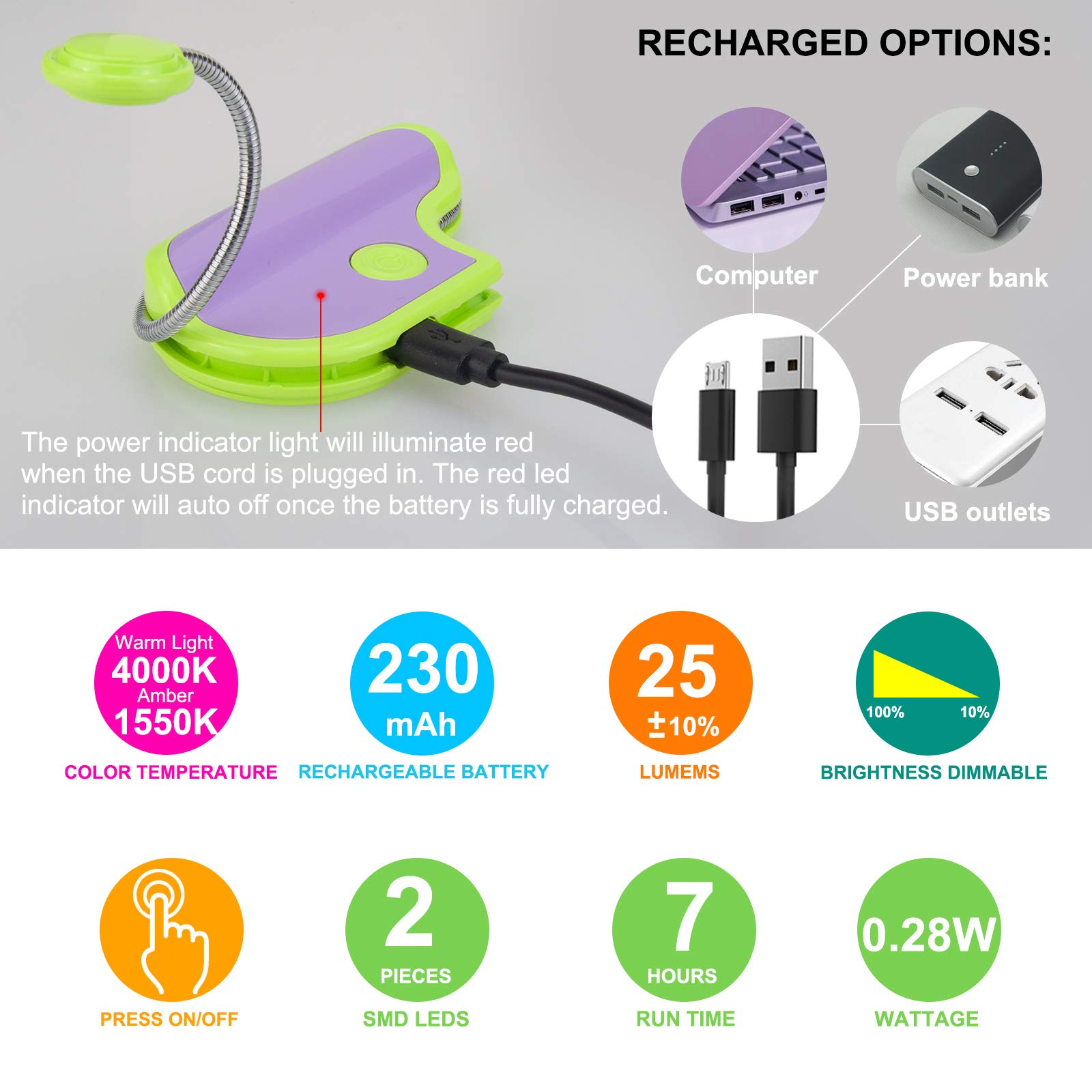 BIGMONAT Rechargeable Amber Reading Light for Kids - Portable LED Book Light with 360° Adjustable Neck, Wireless Clip-On Lamp for Night Reading, Studying, and Travel (Green) - Perfect for Bedtime Stories, Homework, and Camping
