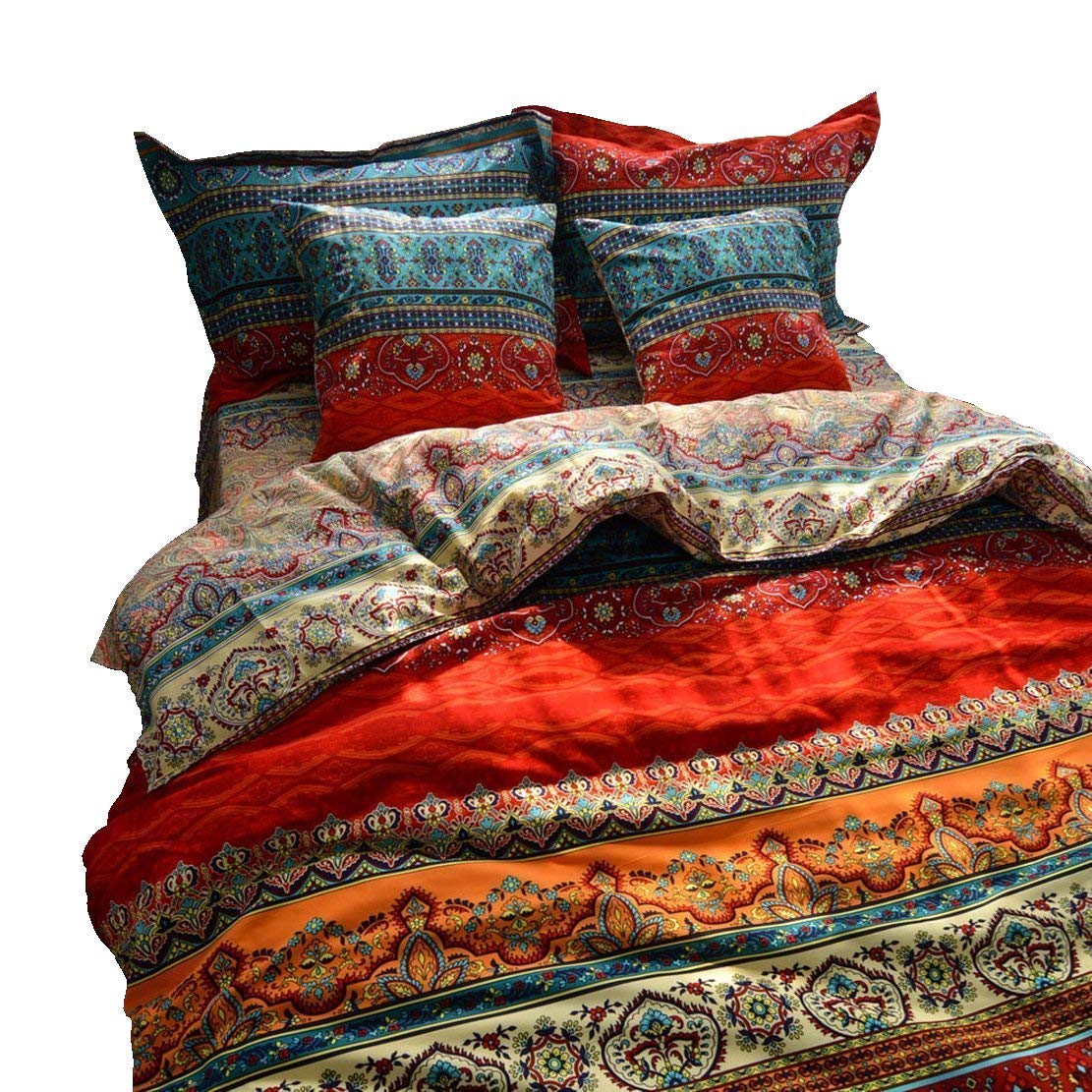 LELVA Boho Duvet Cover Set Twin - Colorful Stripe Fitted Sheet 4pc Bohemian Bedding Set | Baroque Style Cotton Bedding for Guest Room, Dorm & Bohemian Home Decor
