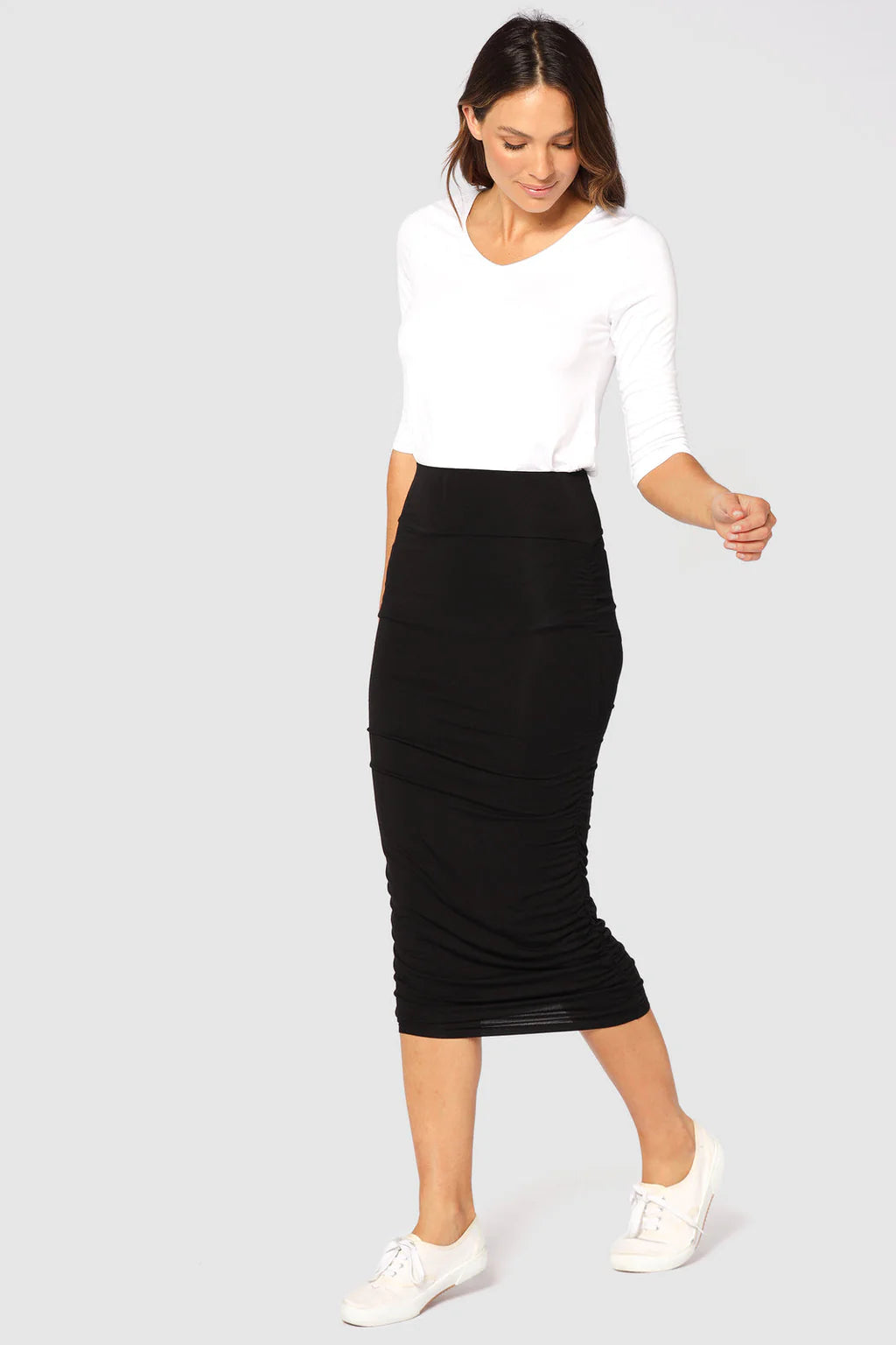 Bamboo Ruched Midi Skirt for Women - Stretchy High Waist Flowy Skirt in Black | Perfect for Casual Outfits, Office Wear & Summer Dresses