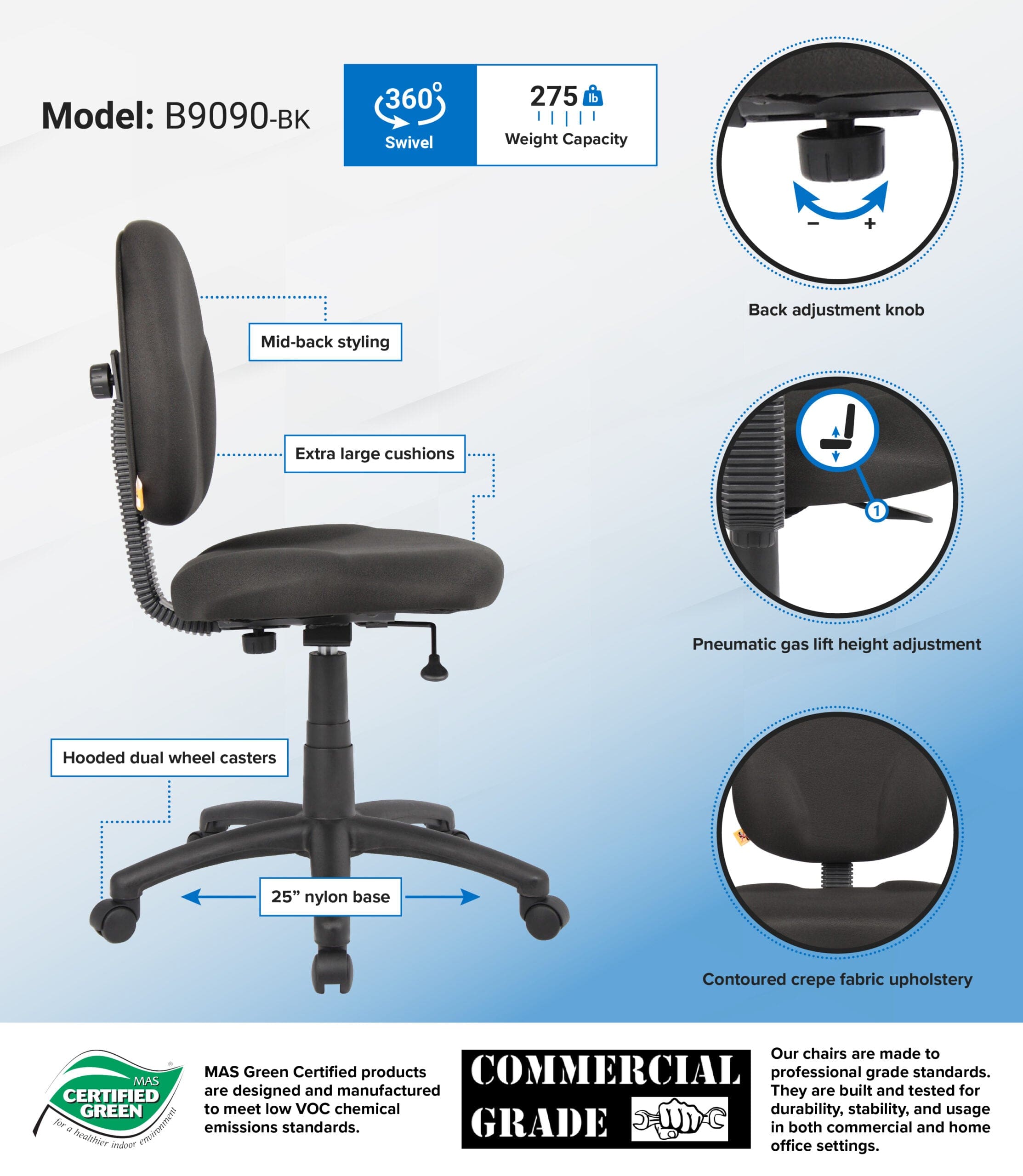 Ergonomic Boss Fabric Office Task Chair [B9090] - Adjustable Height & Lumbar Support for Home & Office Workspaces