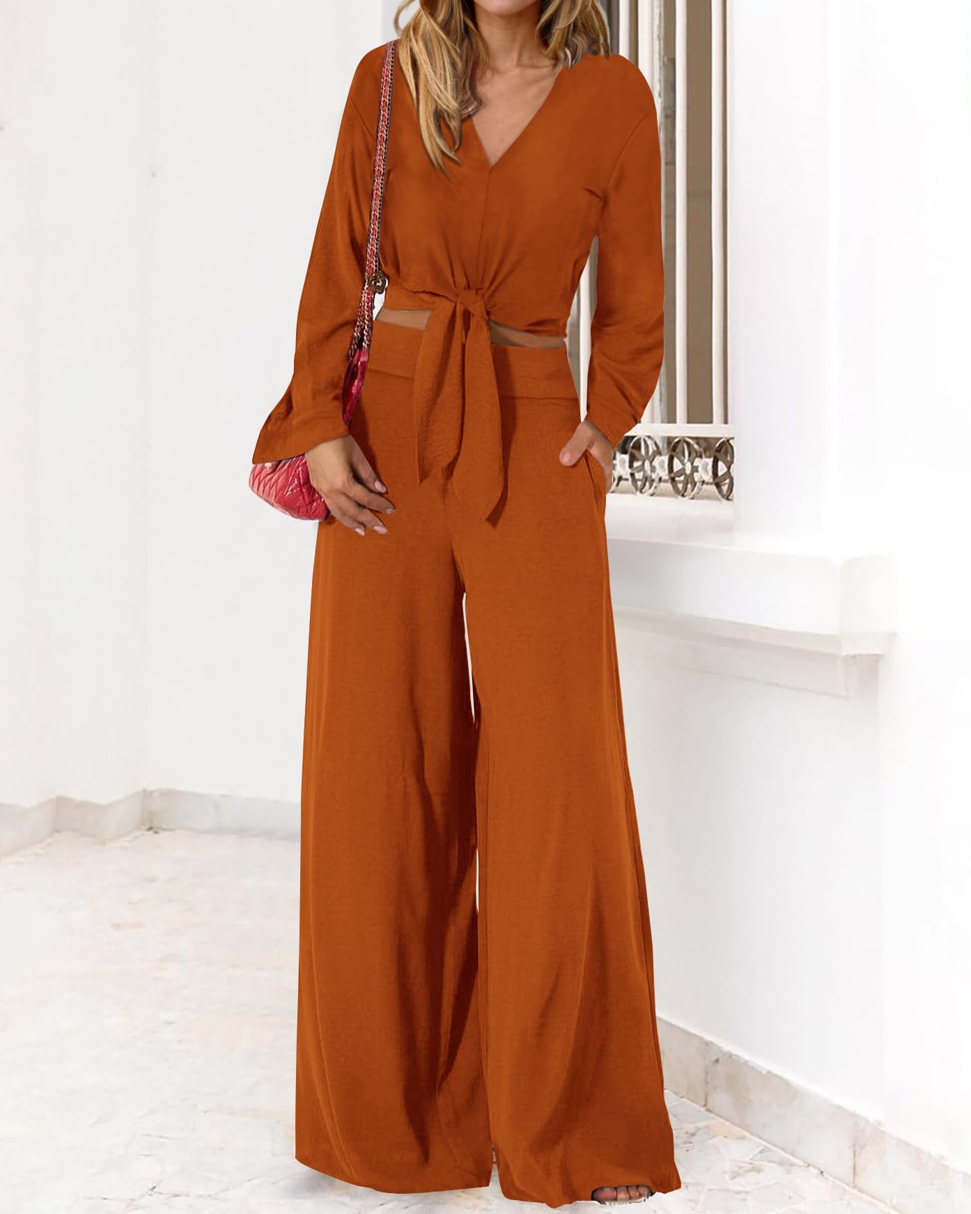 PRETTYGARDEN Women's 2 Piece Outfit Set - 2025 Spring Summer Casual V Neck Long Sleeve Strappy Crop Top with Wide Leg Palazzo Pants | Lounge Wear, Street Style, Office Outfits & Vacation Essentials
