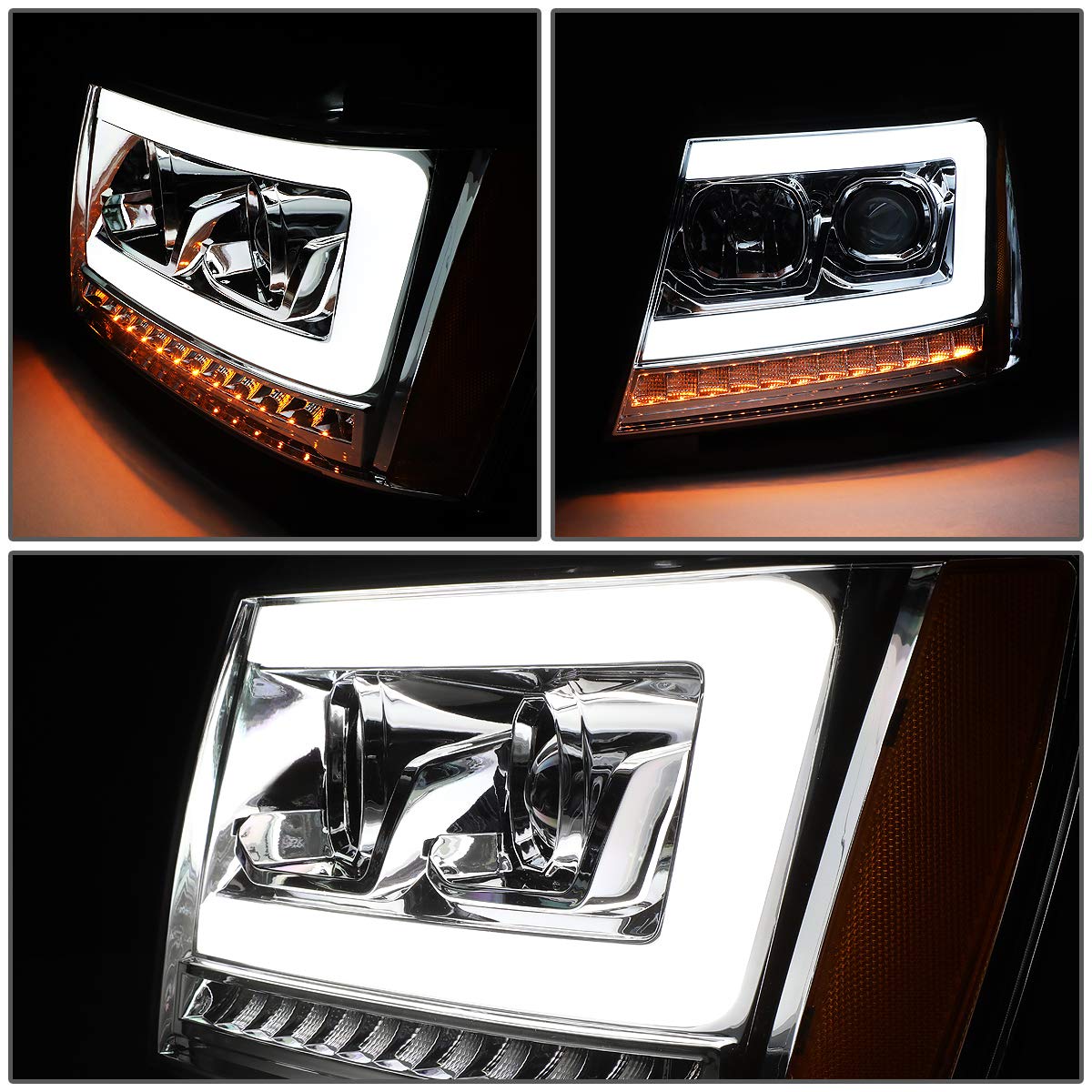 Auto Dynasty LED DRL Headlights Assembly for 2007-2014 Chevy Tahoe Suburban Avalanche - Driver & Passenger Side Projector Headlamps with LED Sequential Turn Signal, Chrome Housing & Amber Corner - Perfect for Night Driving & Off-Road Adventures