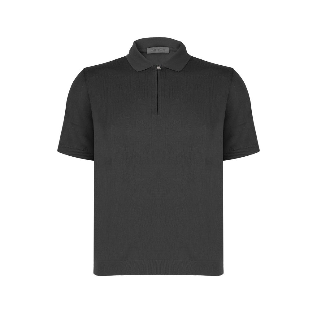 Corneliani Jacquard Zip Polo Shirt for Men - Stylish Grey Knitwear for Business Casual & Office Wear
