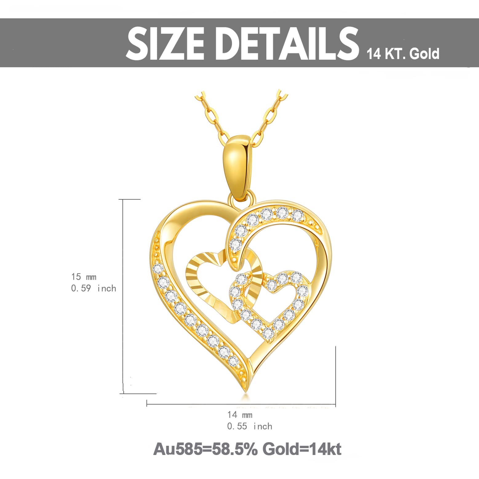 14K Real Gold Heart Necklace for Women - Yellow Gold Love Pendant with Triple Hearts, Anniversary & Birthday Gift (16+1+1 inch) | Elegant Jewelry for Date Night, Wedding & Special Occasions