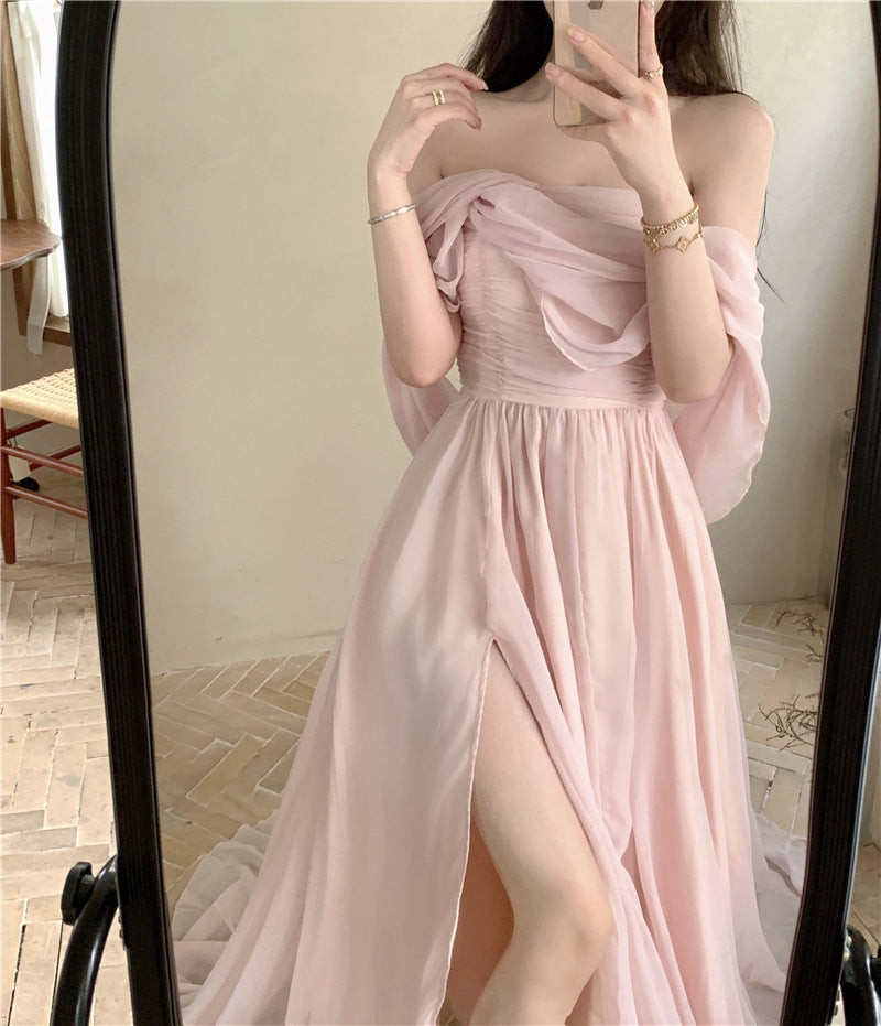 Elegant A-Line Strapless Pink Fairy Prom Dress with High Slit - Perfect for Formal Dances, Weddings & Special Occasions