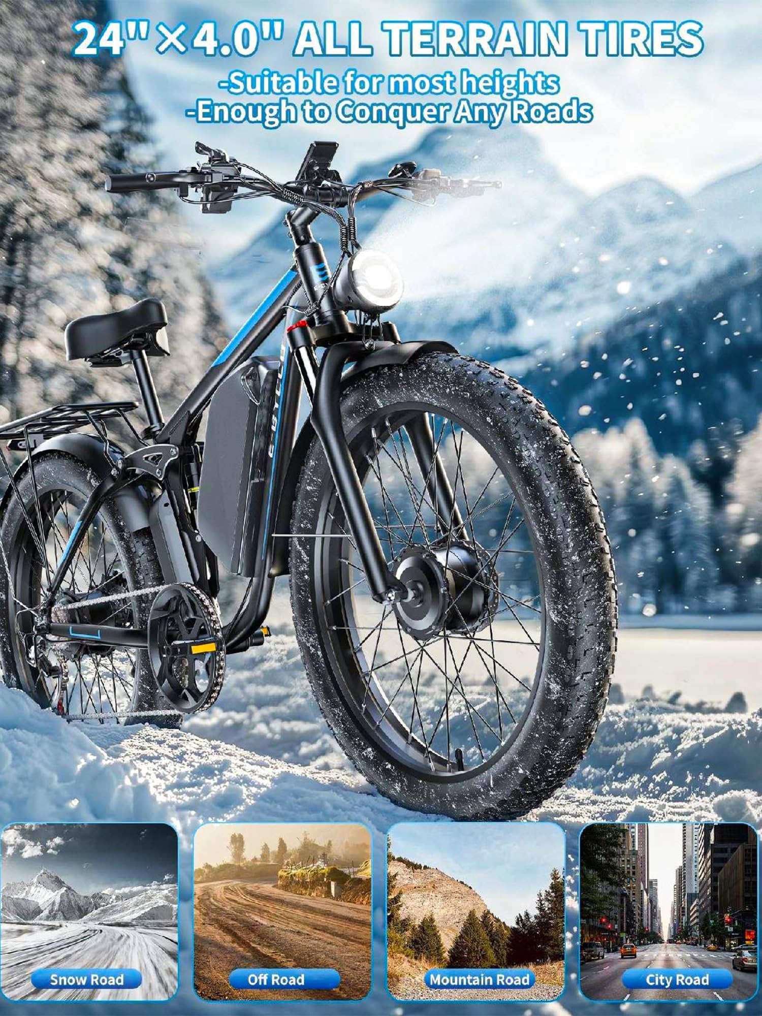 Peak 3000W/5000W Dual Motor Electric Bike for Adults - 24/26 Inch Fat Tire E-Bike with Full Suspension, 90 Mile Range & 45MPH Speed - 7 Speed AWD Mountain Ebike with Hydraulic Disc Brakes (UL 2849 Certified) - Perfect for Off-Road Trails, Commuting & Adventure Riding