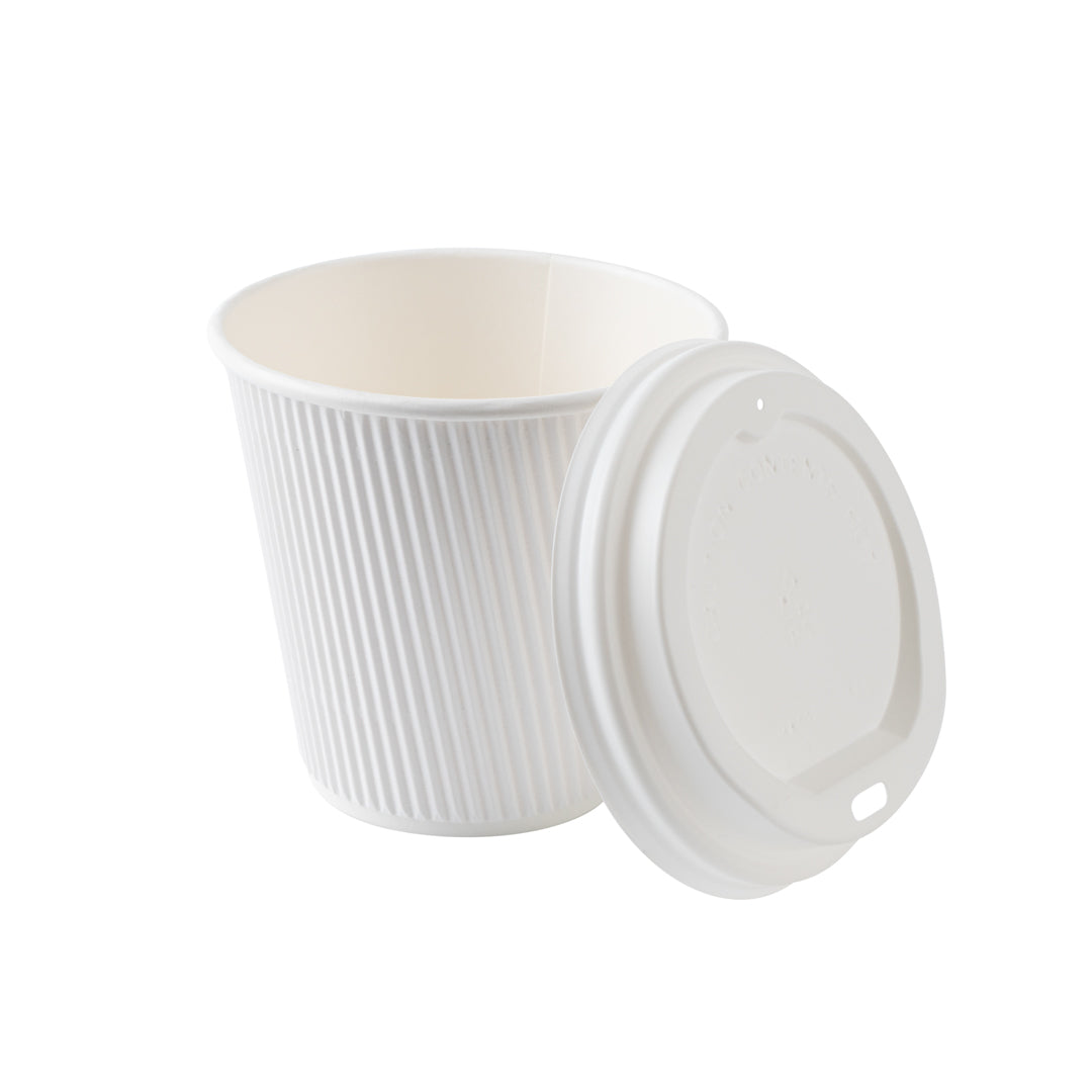 8 oz White Paper Ripple Wall Coffee Cups with White Lids - 3.5