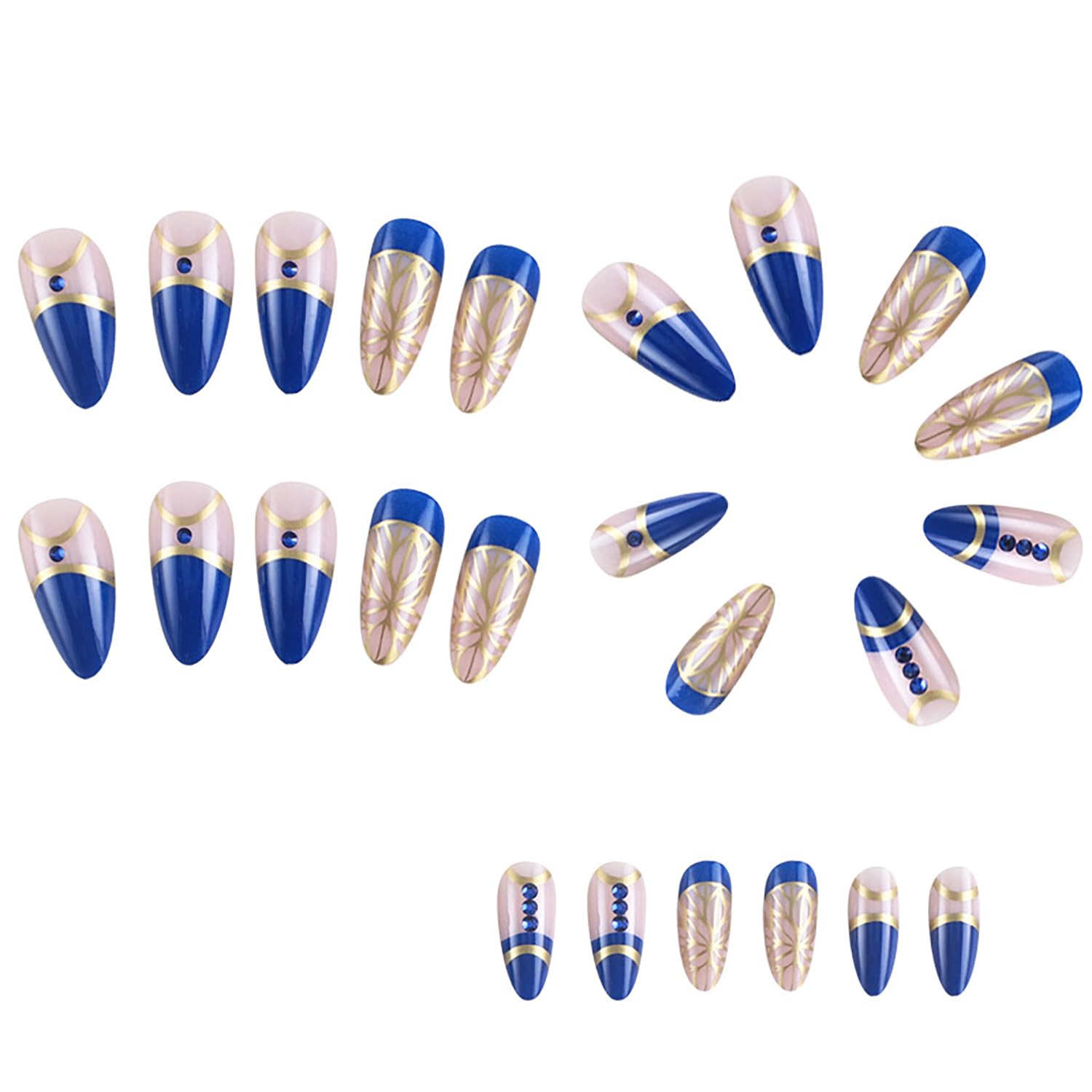 Blue Press on Nails with Rhinestones & Gold Foil - Medium Almond Shaped Acrylic Fake Nails Set | Glossy Coffin French Tip Artificial Nails with Glue | Perfect for Parties, Weddings & Special Occasions