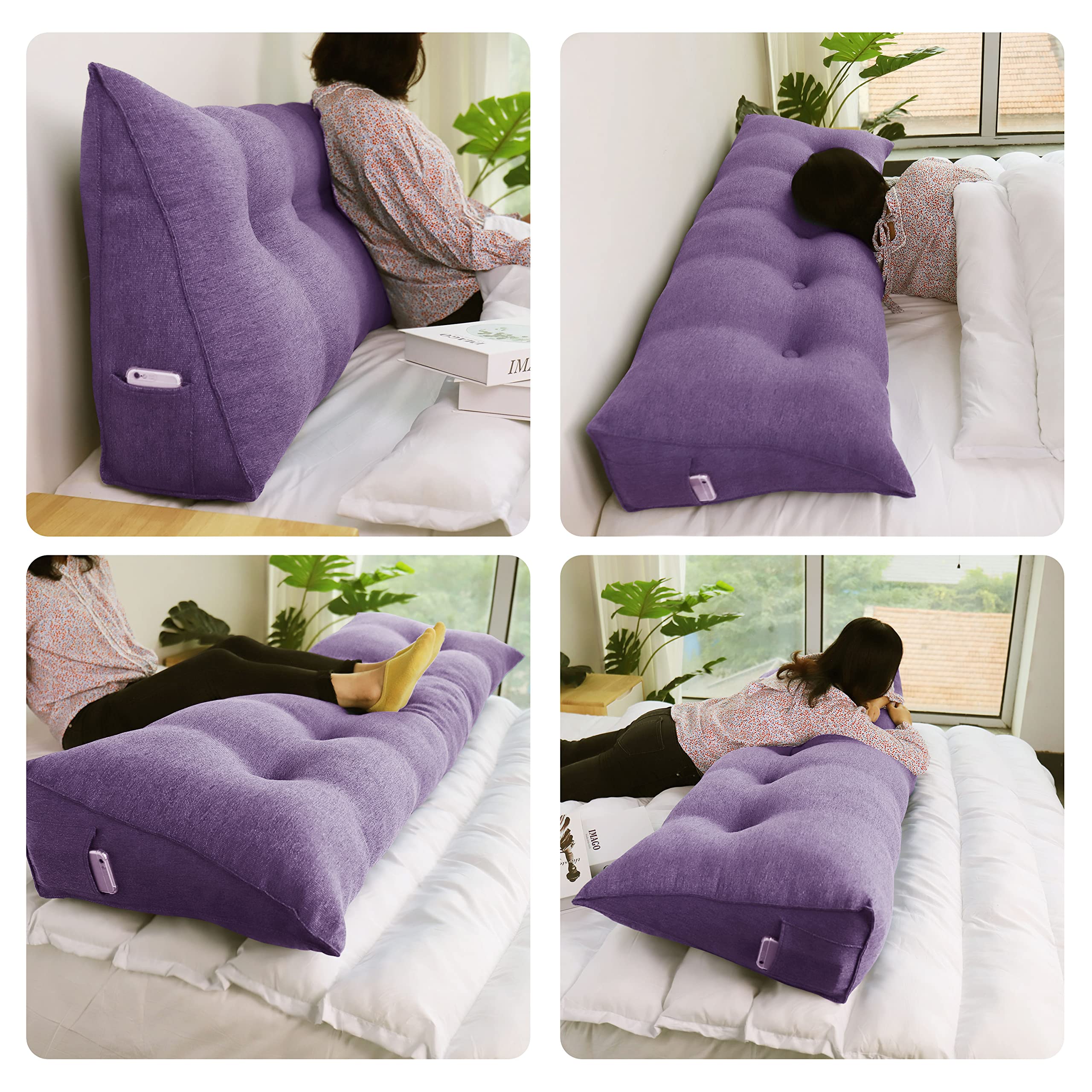 WOWMAX King Size Triangular Headboard Wedge Pillow with Removable Cover - Support Pillow for Daybeds, Bunk Beds & Backrest - Large Bolster Cushion for Comfort & Posture (Lavender) | Perfect for Reading, Watching TV & Relaxing in Bed