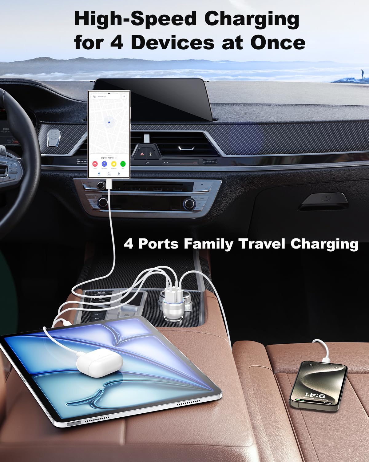**Agtray 2-Pack 65W USB C Car Charger with 6FT Braided Cable - 4-Port Fast Charging PD30W & QC3.0 for iPhone 16/15/Pro Max/Plus - Perfect for Road Trips & Long Drives**