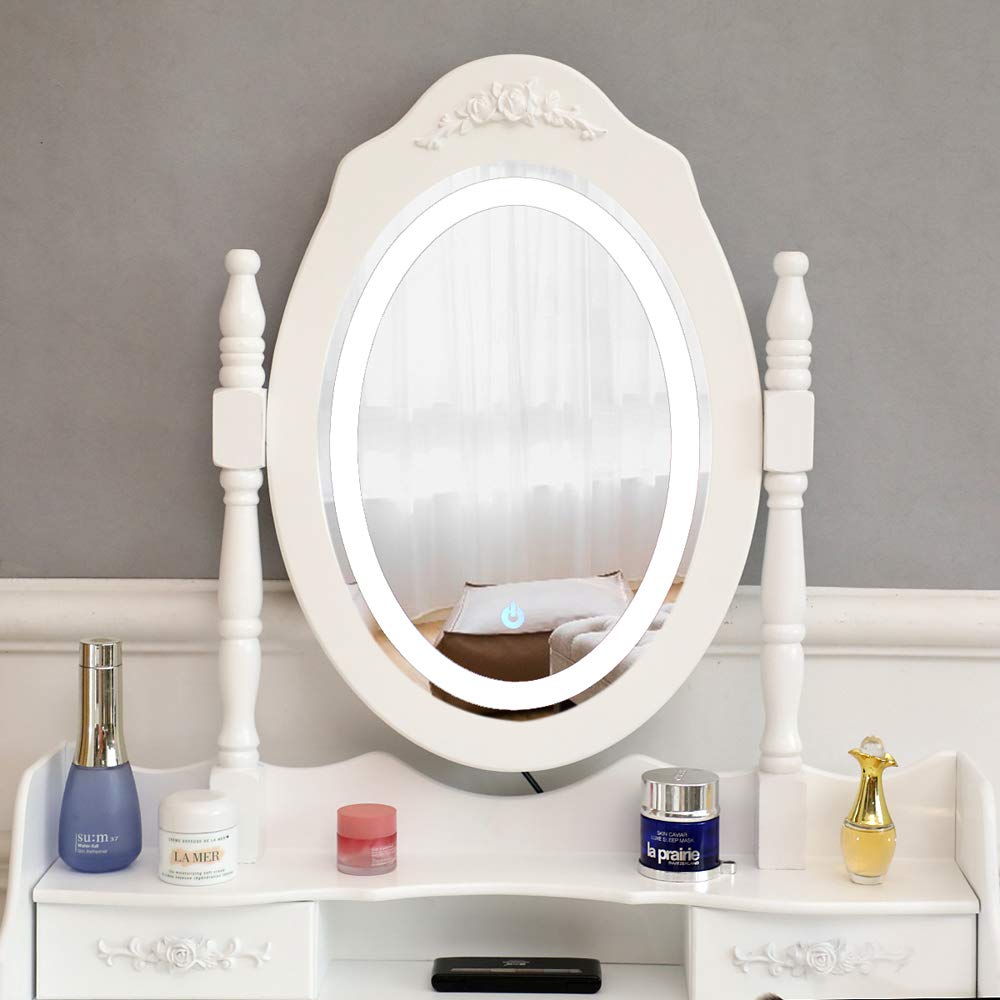 White LED Single Mirror 4-Drawer Dresser for Bedroom - Modern Bedroom Furniture with Lights for Makeup & Storage (Perfect for Small Spaces, Dorm Rooms & Apartments)