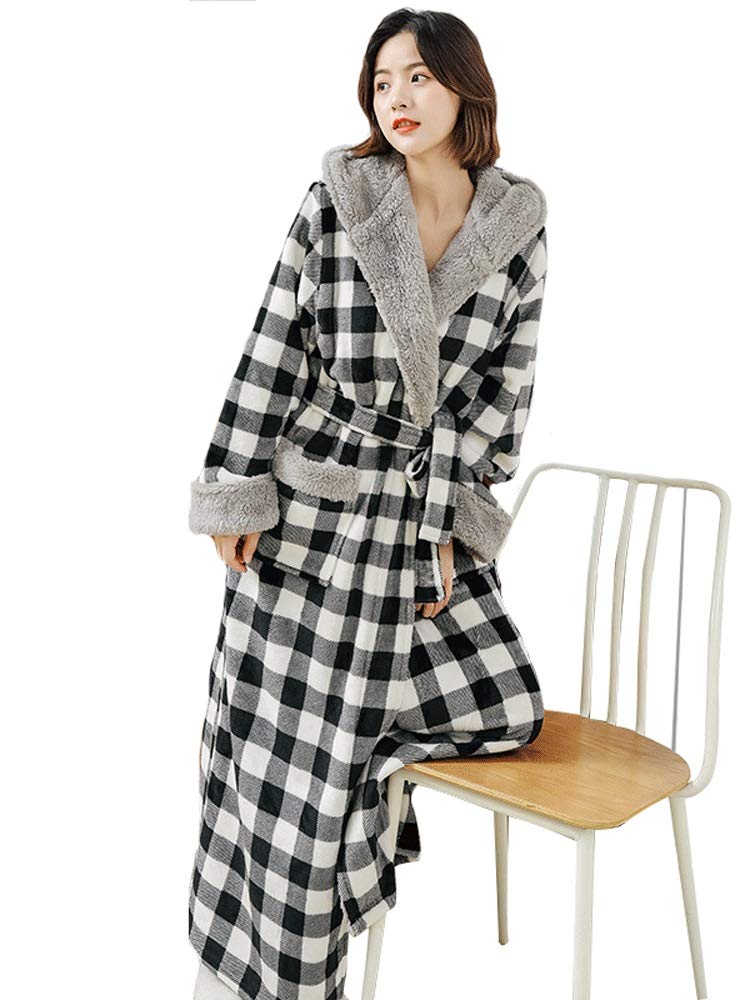 JSJYP Women's Plaid Nightgown - Extra Long Thick Coral Velvet Hooded Bathrobe for Autumn/Winter - Cozy Couple Sleepwear (Large, Red) - Perfect for Lounging, Spa Days & Cold Weather Comfort