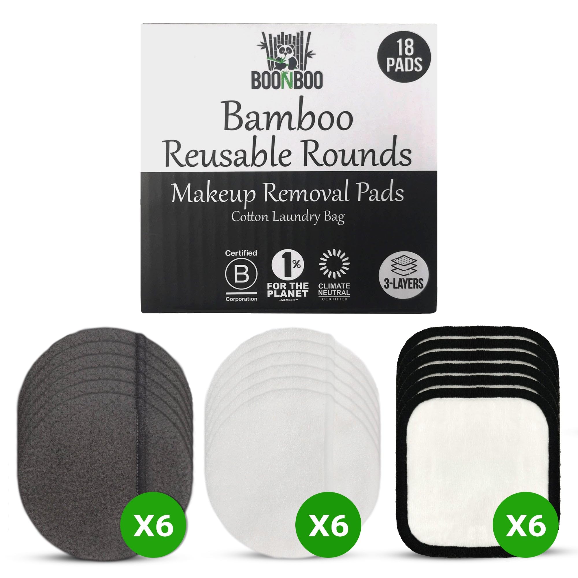 Boonboo Reusable Bamboo Makeup Remover Pads - 16 Pack with Laundry Bag | Eco-Friendly Cotton & Bamboo Fiber | Biodegradable & Plastic-Free | Gentle for Sensitive Skin | Perfect for Daily Makeup Removal & Skincare Routine