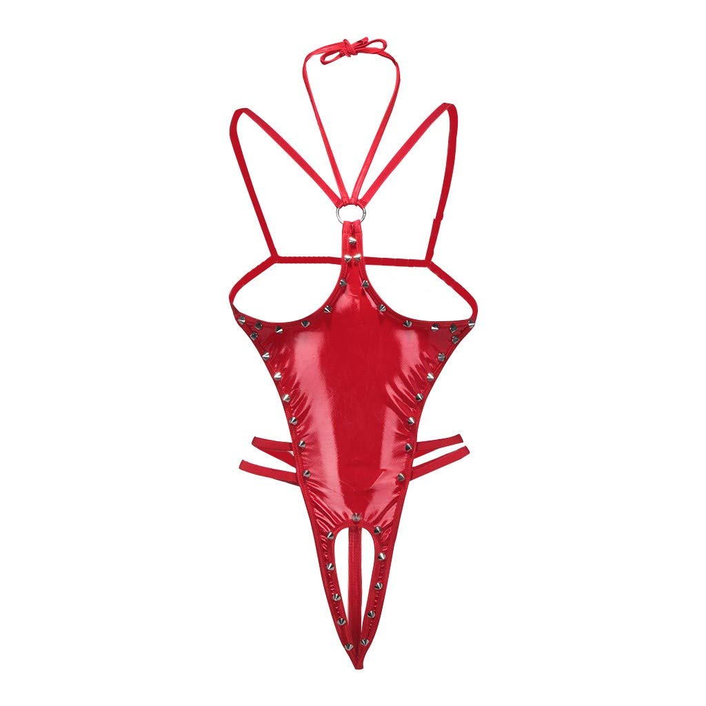 Sexy Red Leather Bodysuit Lingerie for Women - Strappy Teddy Babydoll Jumpsuit with Bracelets | Valentine's Day Gift, Boudoir Photoshoot, Romantic Nightwear