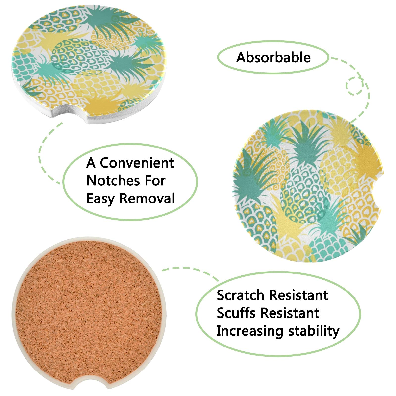 Qilmy Pineapple Car Cup Holder Coasters Set of 2 - Absorbent Ceramic Stone Coasters with Finger Notch for Easy Removal | Perfect for Car, Office & Home Use