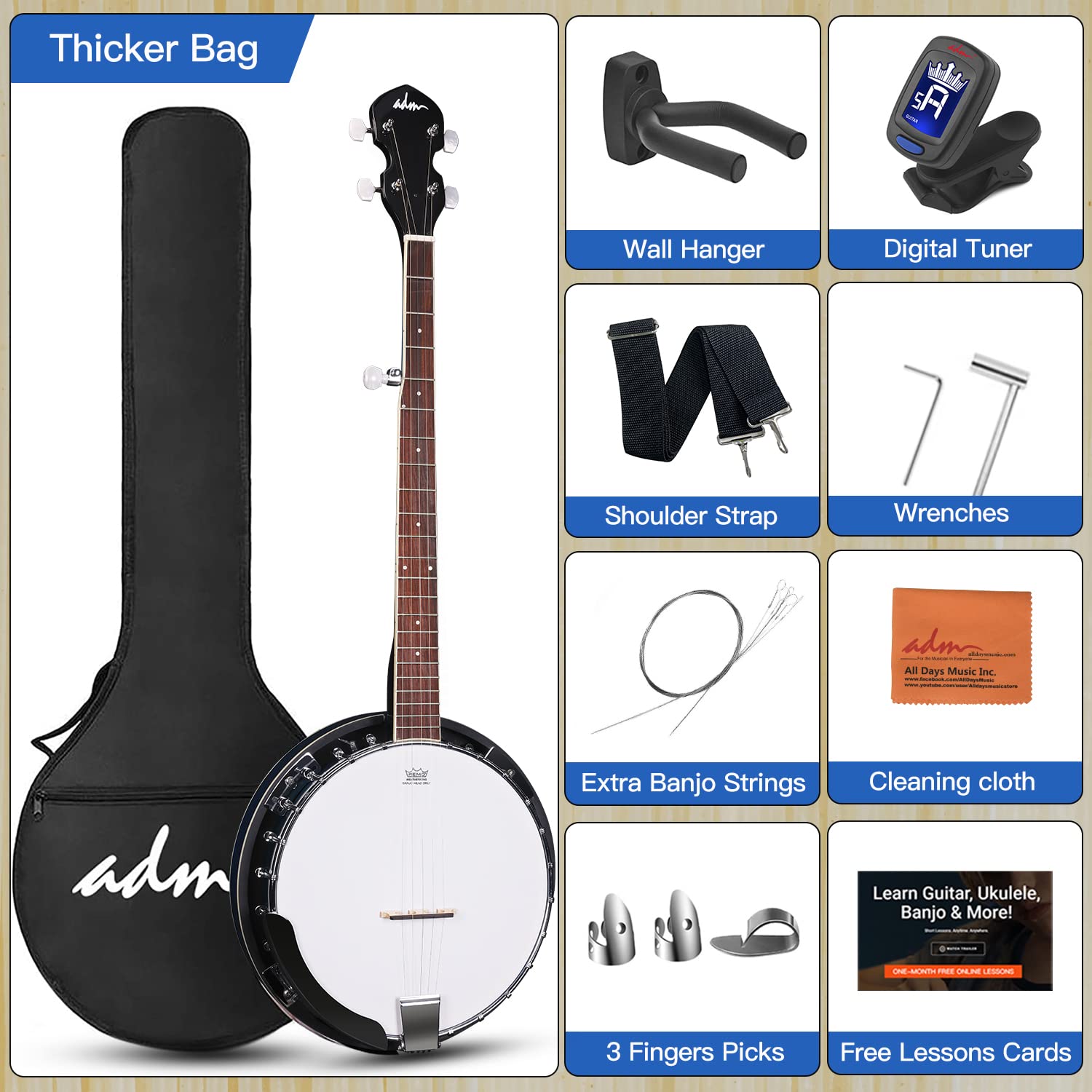 ADM 5 String Full Size Banjo Kit - 38 Inch Beginner Banjo with Resonator, Remo Drum Head & Free Accessories (Open/Closed Back) - Perfect for Adults & Teens Learning Bluegrass, Folk & Country Music - Blueburst Finish