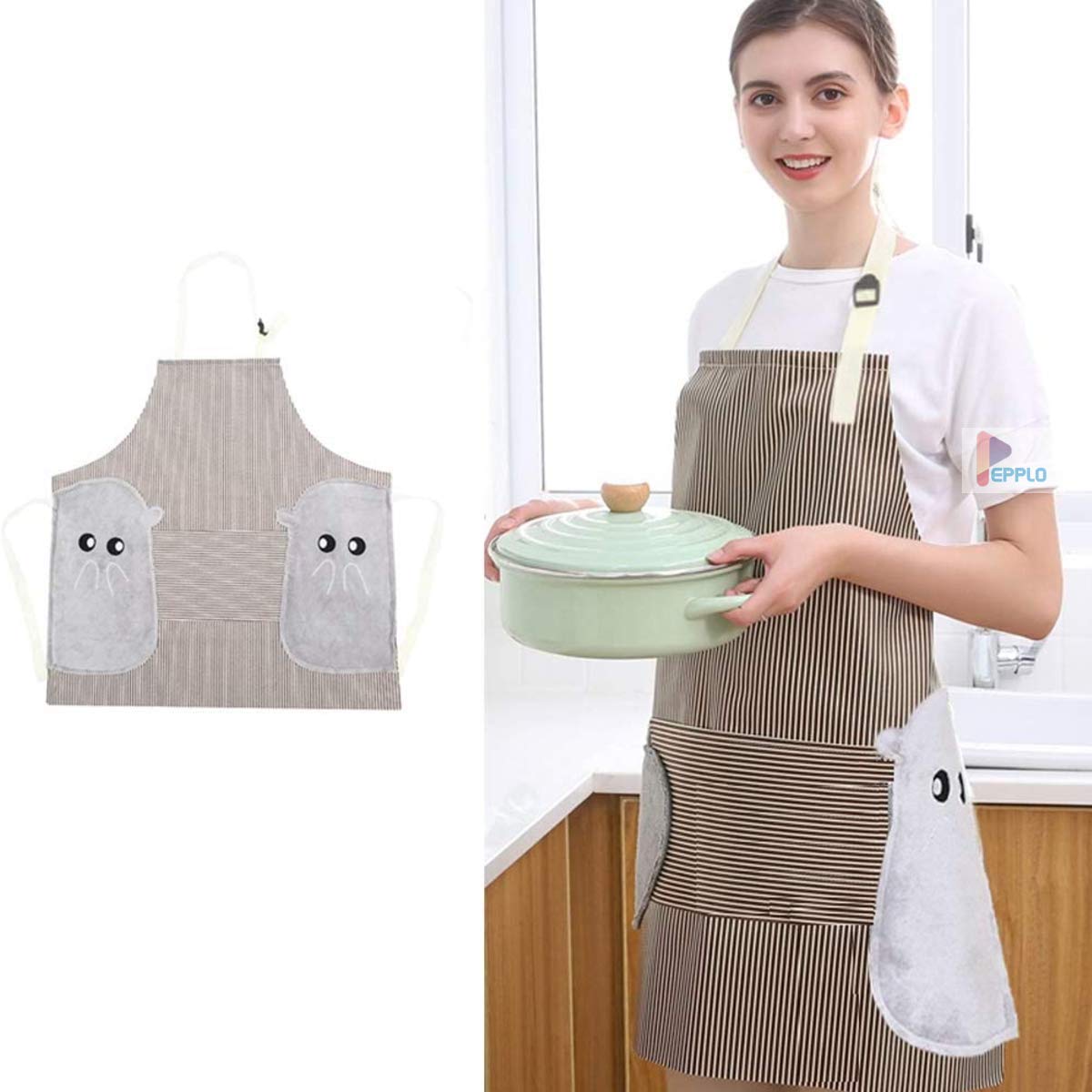 Pepplo 1-Piece Waterproof Oil-Resistant Chef Apron with Pockets - Unisex Kitchen Cooking Apron in Coffee Color, Soft Coral Velvet Lining - Perfect for Grilling, Baking & Home Cooking