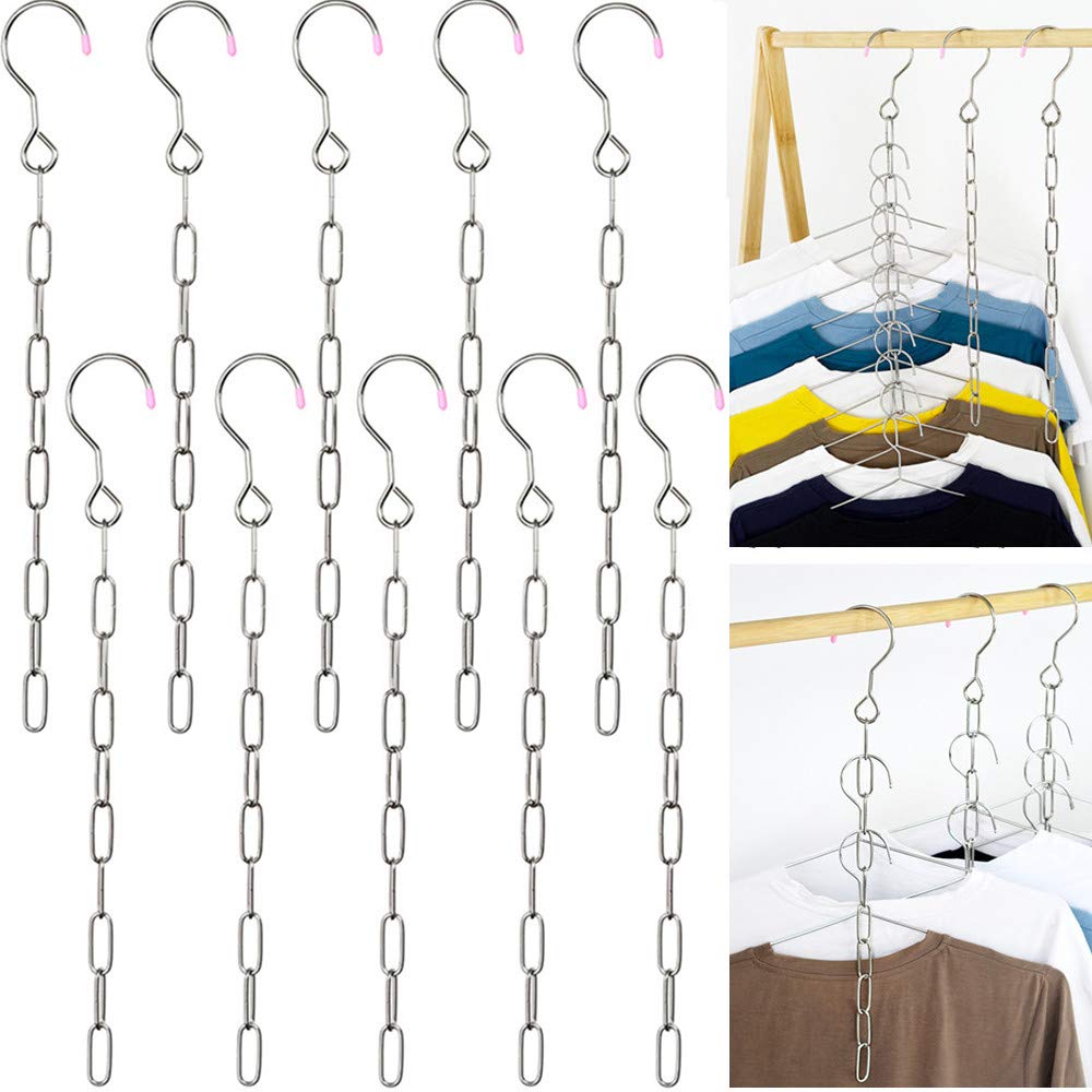 Falytemow 10-Pack Stainless Steel Space Saving Hanger Chains - Magic Closet Organizer with Cascading Design for 80% More Storage - Perfect for Small Closets, Dorm Rooms & Travel Luggage Organization