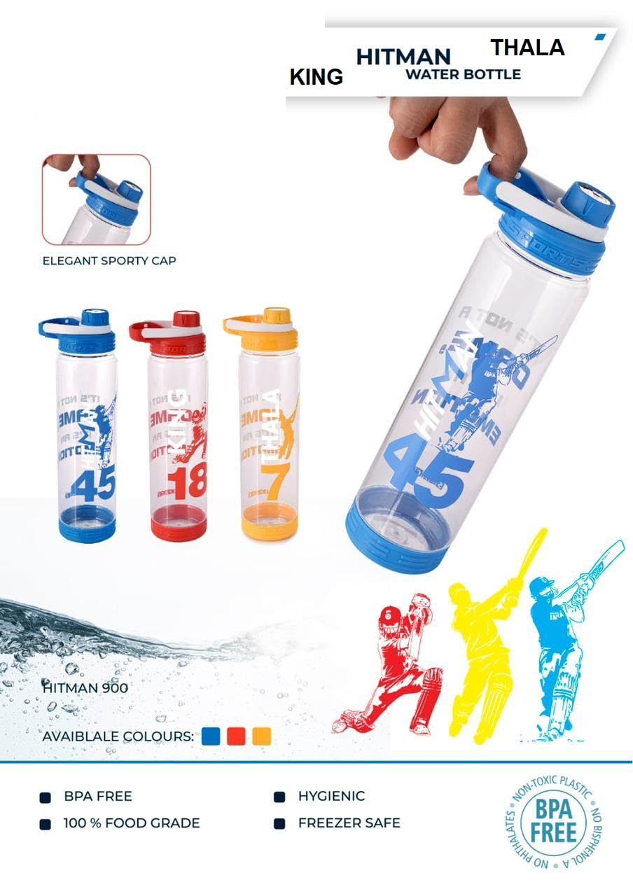 PUTHAK IPL Team Cricket Edition KING, THALA & HITMAN Print 900ml Plastic Water Bottle - Kohli King Red | Durable Sports Water Bottle for Cricket Fans, Gym & Outdoor Activities