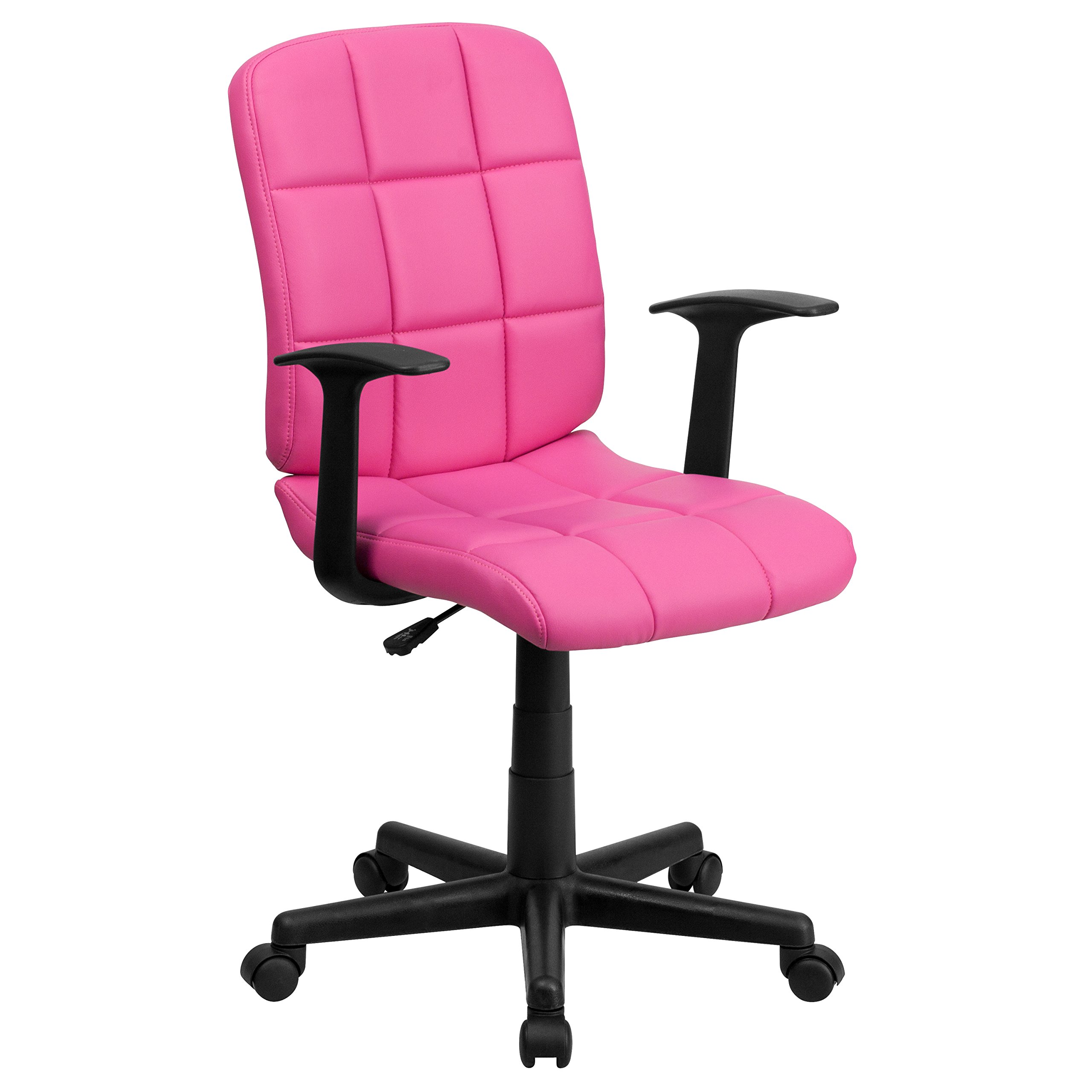 Flash Furniture Clayton Mid-Back Pink Quilted Vinyl Swivel Task Office Chair with Arms - Ergonomic Desk Chair for Home Office, Study & Workspace