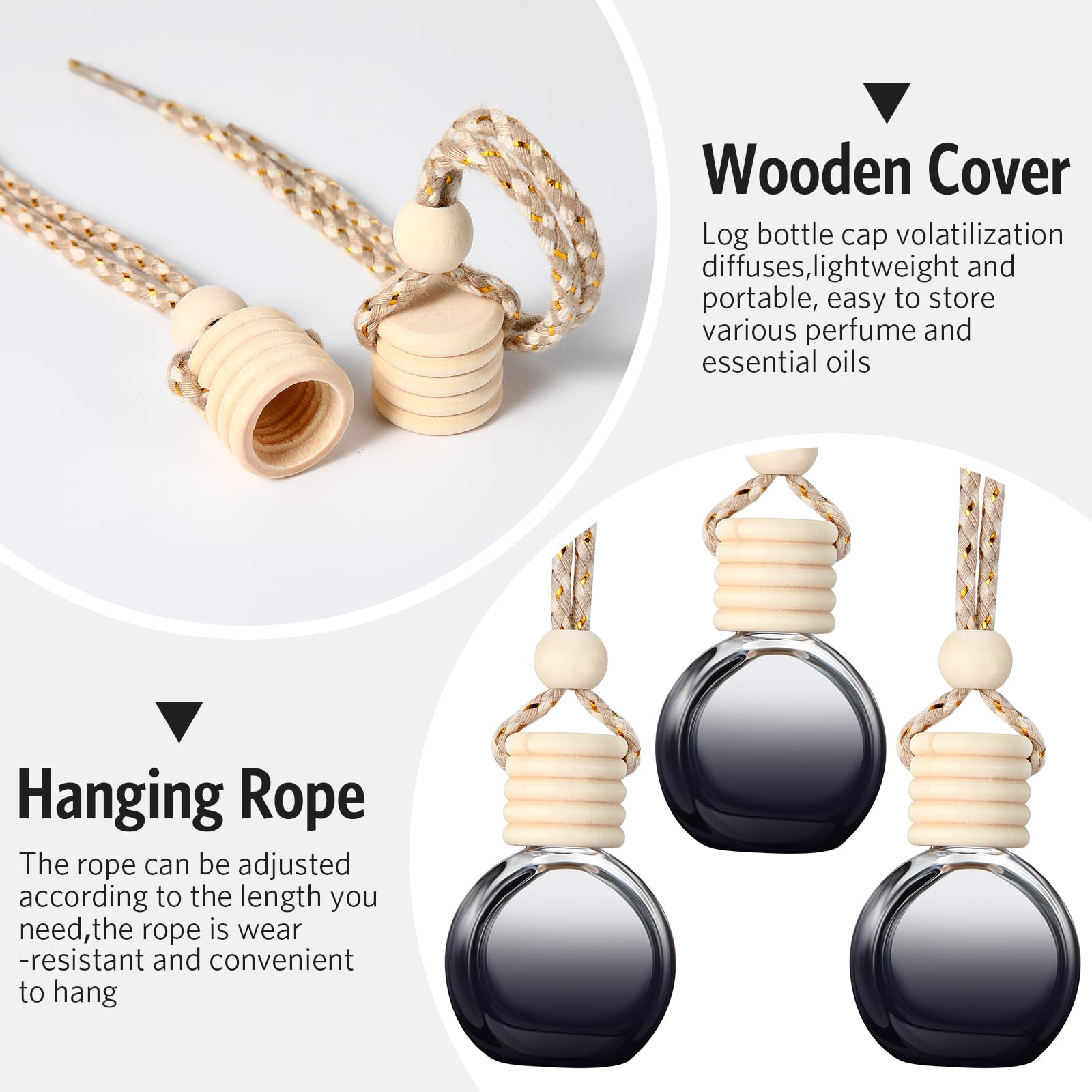 BBTO 100 Pcs Empty Car Air Fresheners with Wooden Cap - Clear Aromatherapy Diffuser Hanging Pendant for Car Fragrance - Perfect for Vehicle Decor & Essential Oil Use (Black Round)