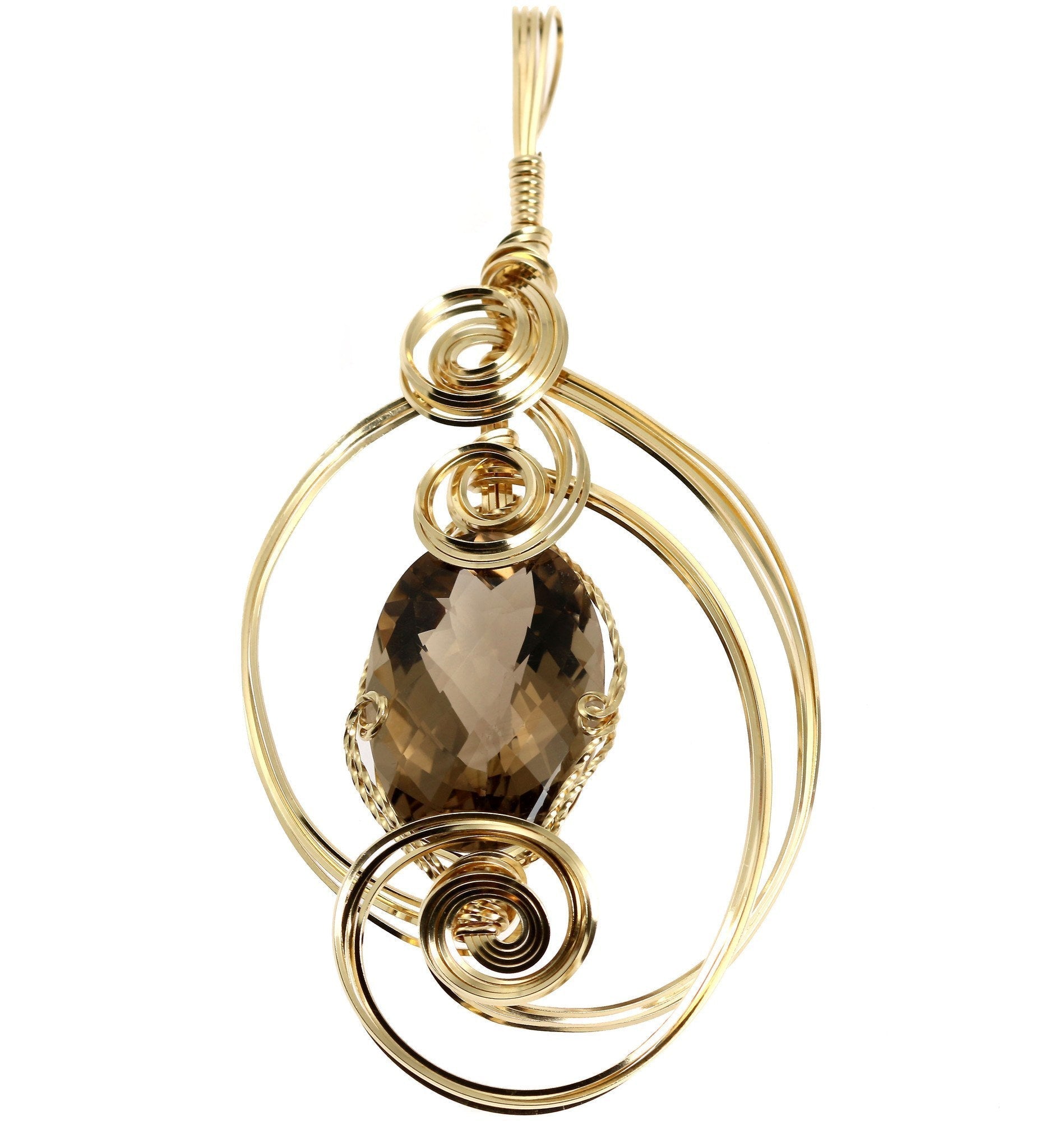 65 CT Smoky Quartz 14K Gold Filled Wire Wrapped Pendant Necklace - Elegant Handmade Jewelry for Women, Perfect for Gifts, Weddings & Special Occasions
