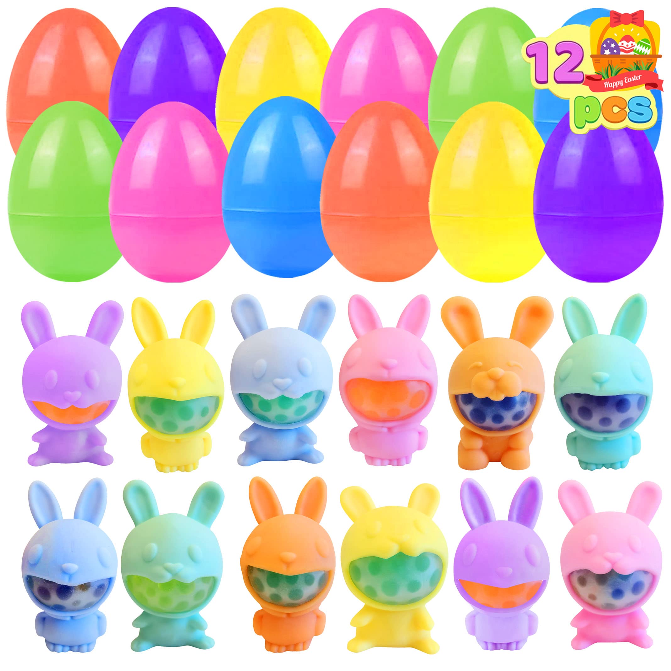 12 Pack Prefilled Easter Eggs with Rabbit Bubbles Squeeze Toys - Anti-Stress Anxiety Relief Toys for Kids & Adults - Perfect for Easter Basket Stuffers, Egg Fillers, Party Favors & Classroom Rewards