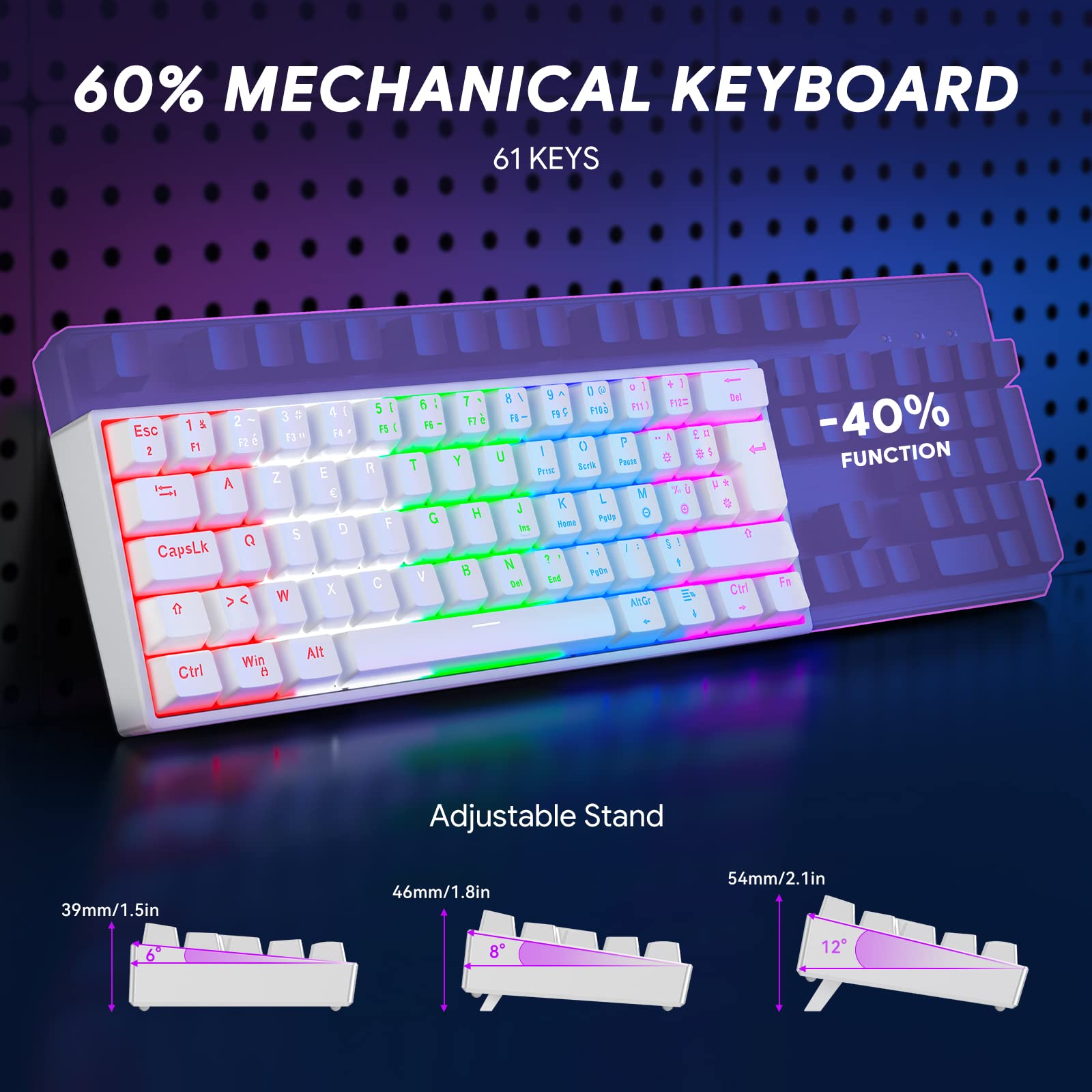TECURS 60% TKL Mechanical Gaming Keyboard - Wired AZERTY Layout with Blue Switches, Backlit Keys & Anti-Ghosting for Windows/Mac (White) - Perfect for Esports, Coding & Office Work