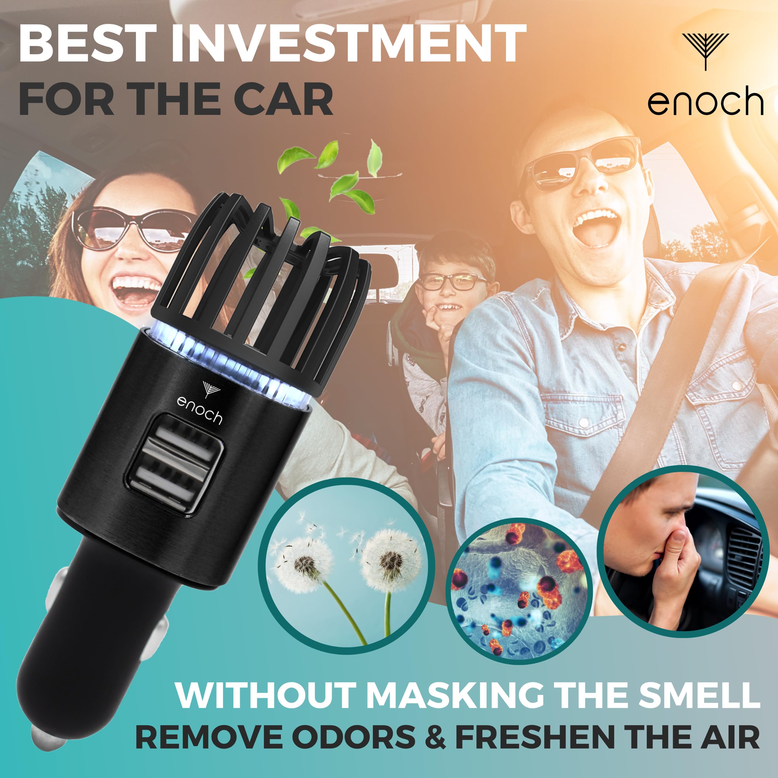 Enoch Ionic Car Air Purifier with Dual USB Charger - Eliminates Odor, Dust, Smoke, Pet & Food Smells - Ozone Car Deodorizer for Fresh Air (Matt Black) | Perfect for Road Trips, Commuting & Pet Owners