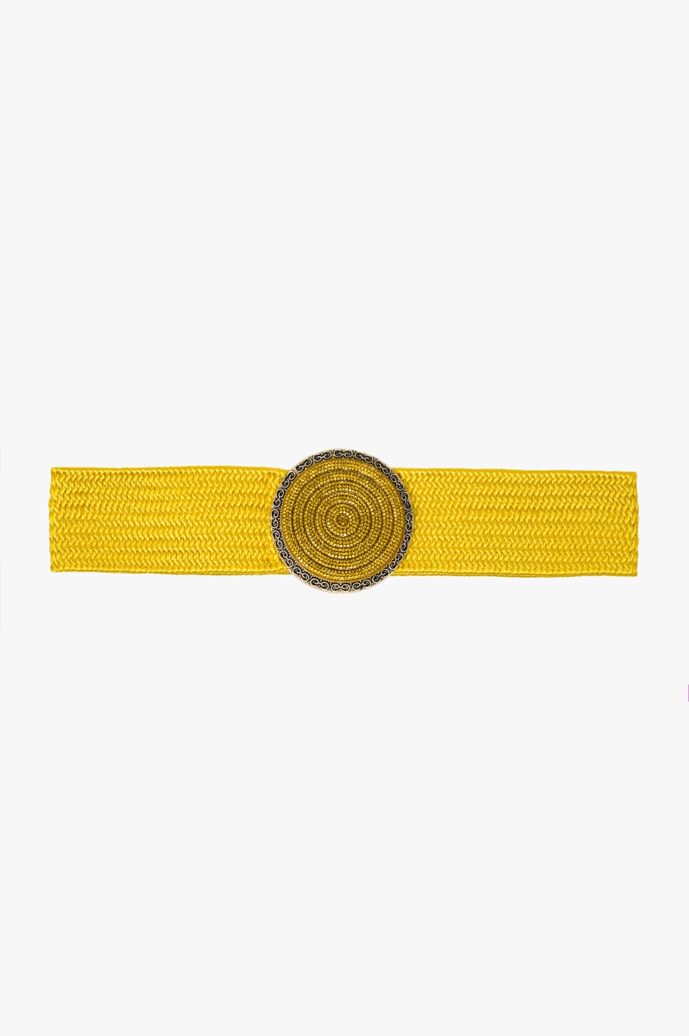 Sparkling Yellow Woven Belt with Round Rhinestone Buckle - Perfect for Casual Outfits, Dresses, and Party Wear