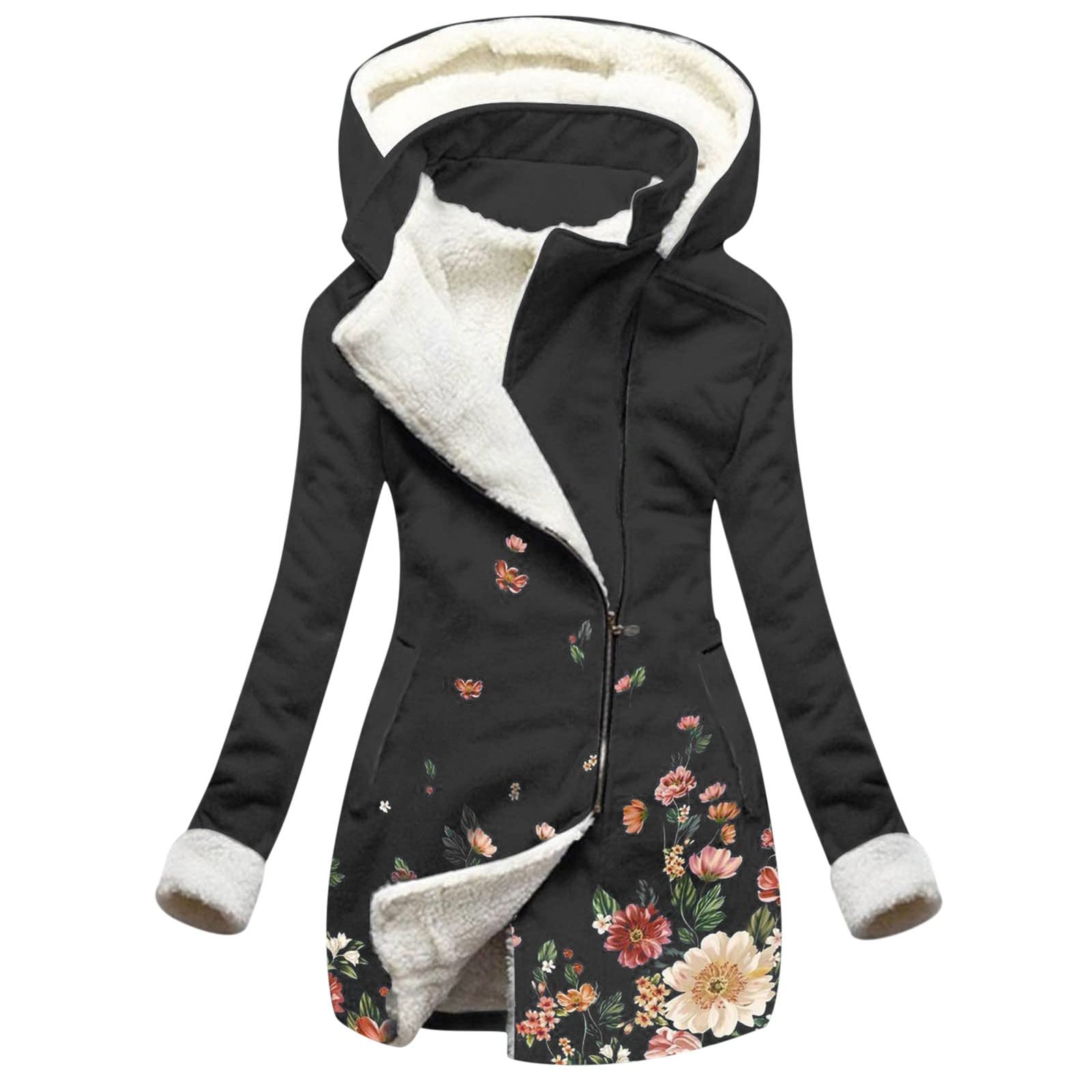Women's Floral Print Plush Warm Winter Jacket with Pockets & Hood - Casual Zipper Sweatshirt Set for Outdoor Activities & Daily Wear
