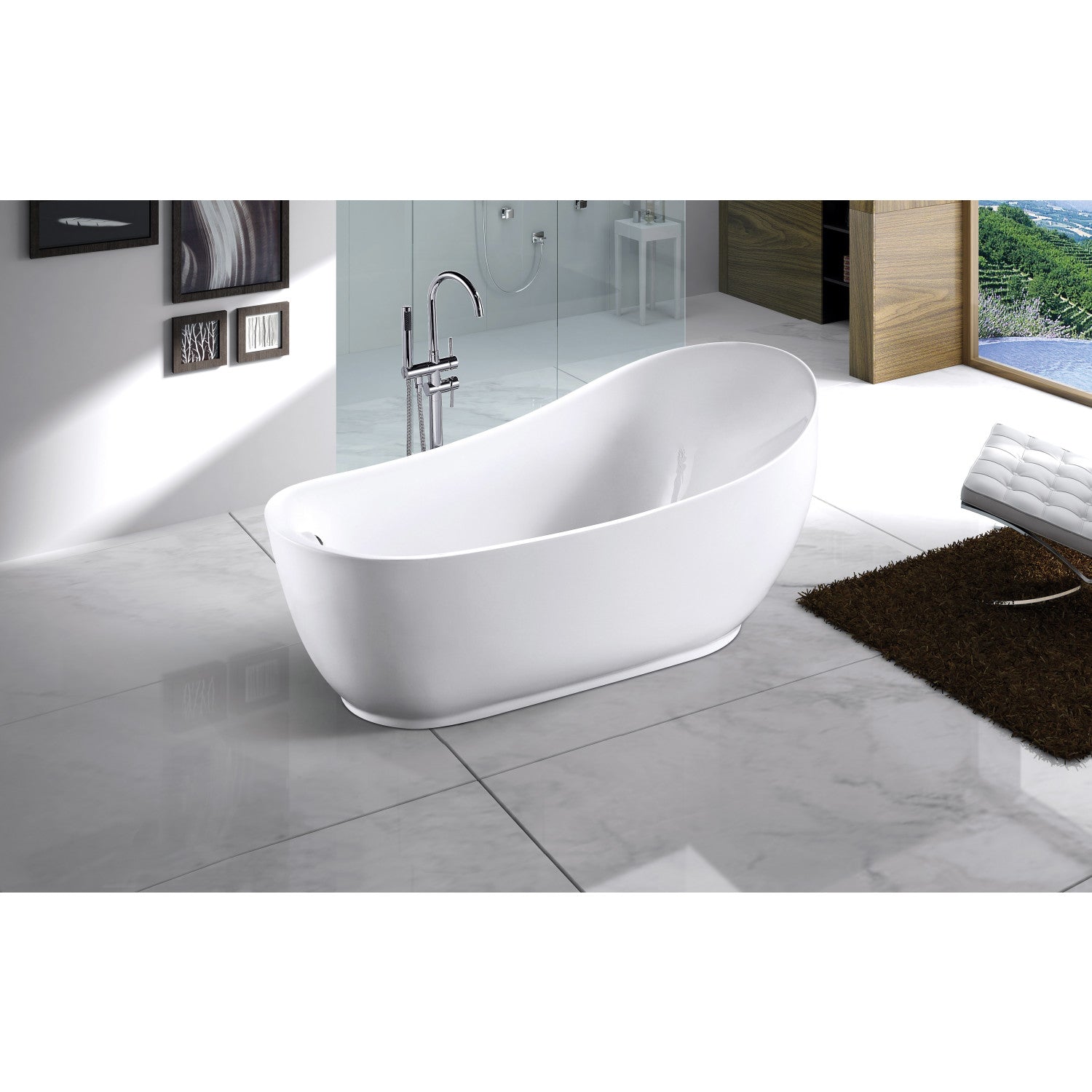 Aqua Eden 70 Inch Acrylic Oval Freestanding Bathtub - Glossy White Single Slipper Soaking Tub with Drain | Perfect for Luxury Bathrooms & Spa Retreats