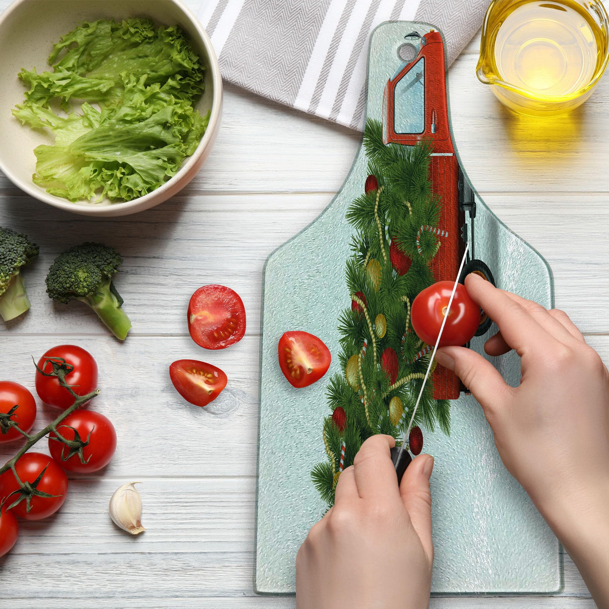 Ambesonne Christmas Cutting Board - Red Retro Farm Truck & Christmas Tree Design, Tempered Glass Serving Board for Holiday Decor, Wine Bottle Shape in White Red Green | Perfect for Christmas Dinner, Party Serving & Festive Kitchen Decor