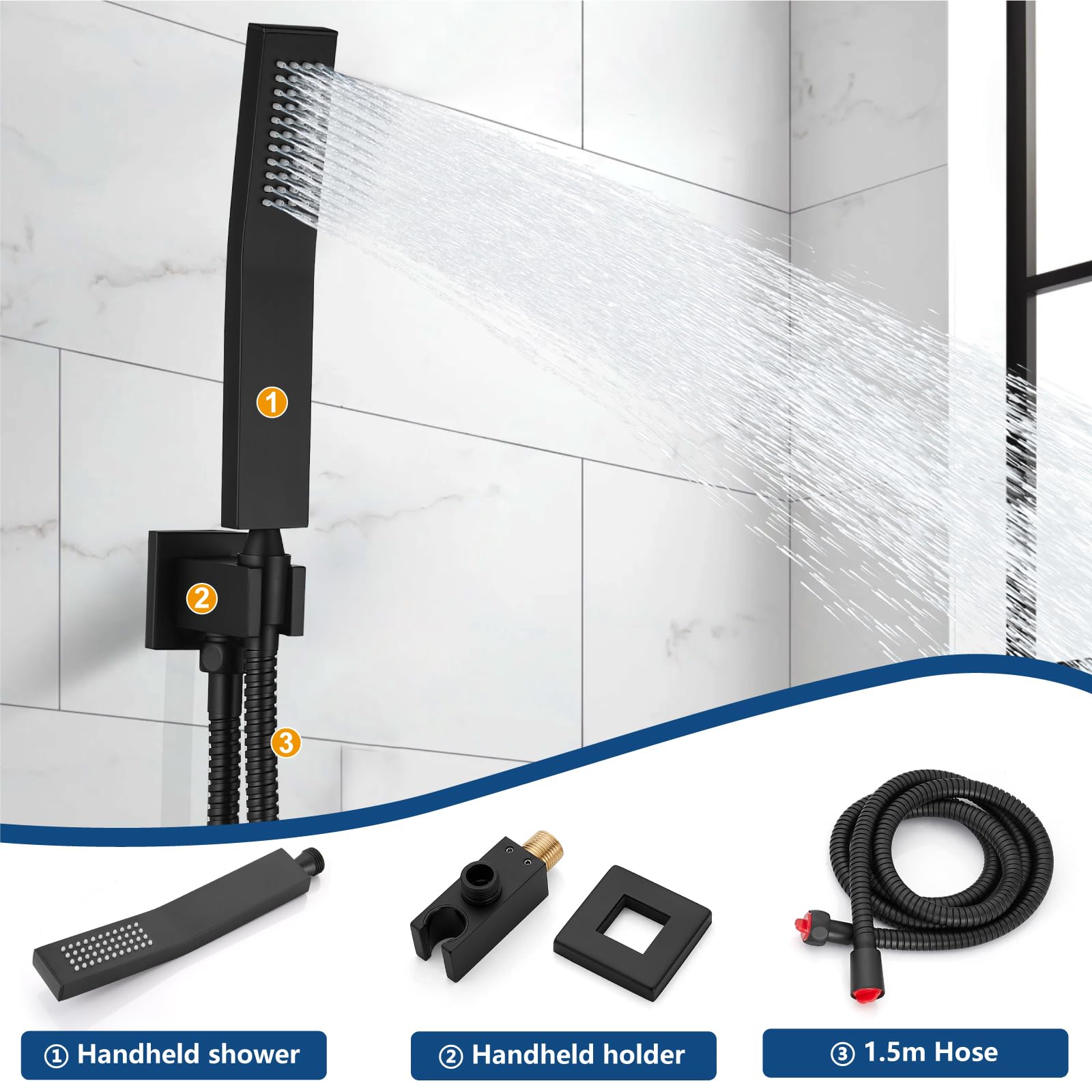 Midanya 8 Inch Matte Black Square Rainfall Shower System - Wall Mount Shower Head with Handheld Sprayer, Rough-in Valve & Bathroom Mixer Combo Set for Luxurious Spa Experience at Home