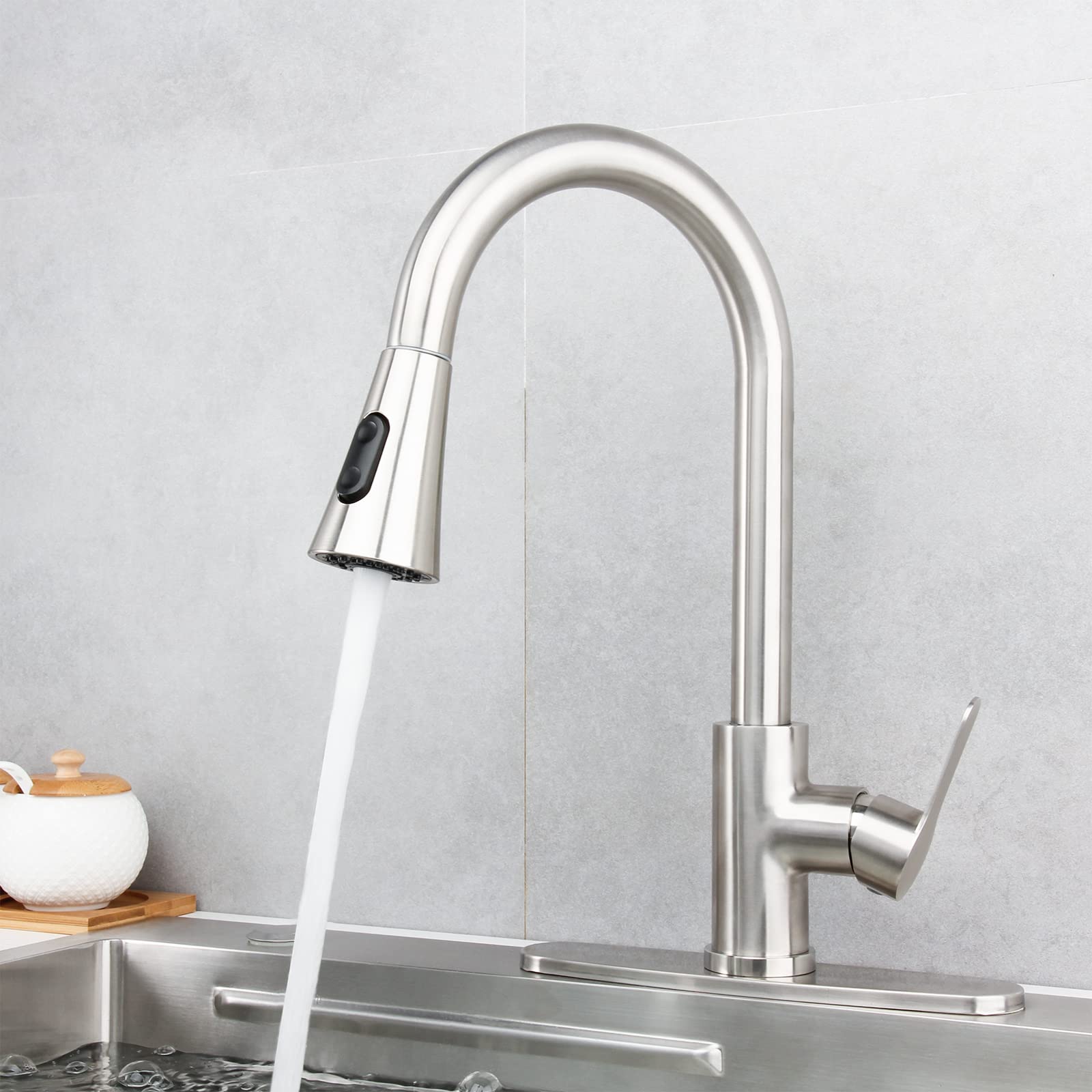 Modern Single Handle Pull Down Sprayer Kitchen Faucet - Brushed Nickel Stainless Steel Commercial Sink Faucet with Deck Plate | Perfect for Home & Restaurant Kitchens