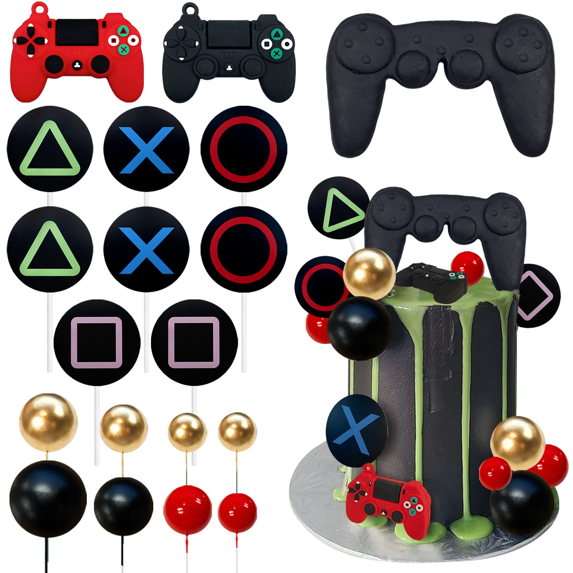 19 PCS Video Game Themed Cake Toppers - Game Controller Decorations for Gaming Party, Birthday, Baby Shower, and Man Cave Decor