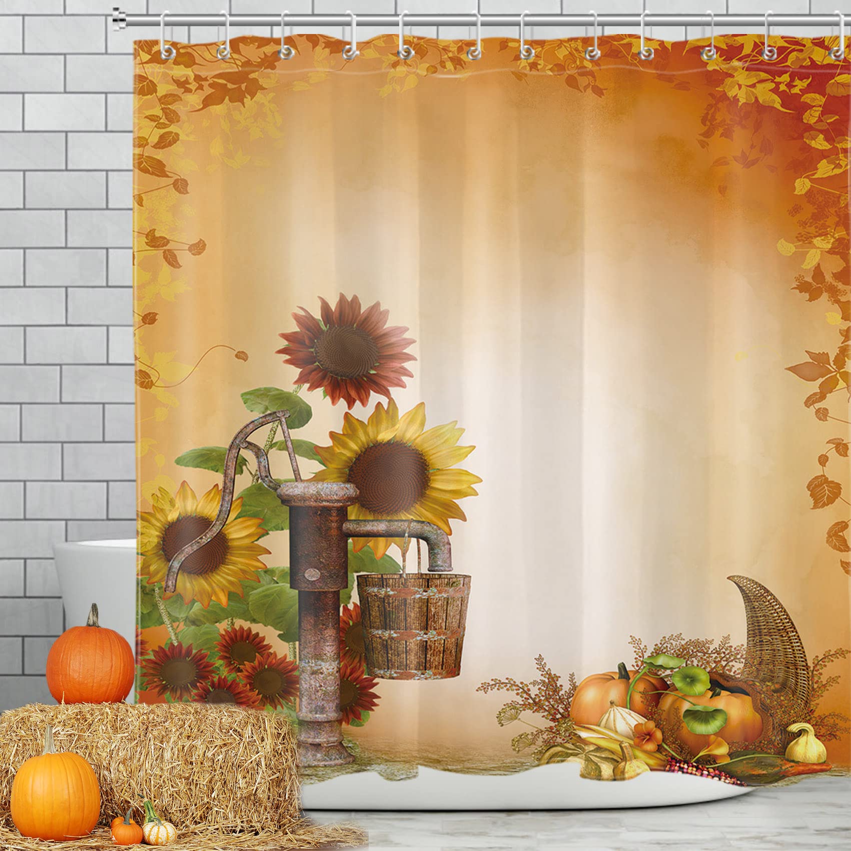 Rustic Sunflower Fall Shower Curtain Set - Autumn Farmhouse Harvest Bathroom Decor with Pumpkin & Thanksgiving Theme - 72x72 Inch Waterproof Polyester Fabric with Hooks (Perfect for Country Style Bathrooms, Seasonal Decor & Cozy Farmhouse Vibes)