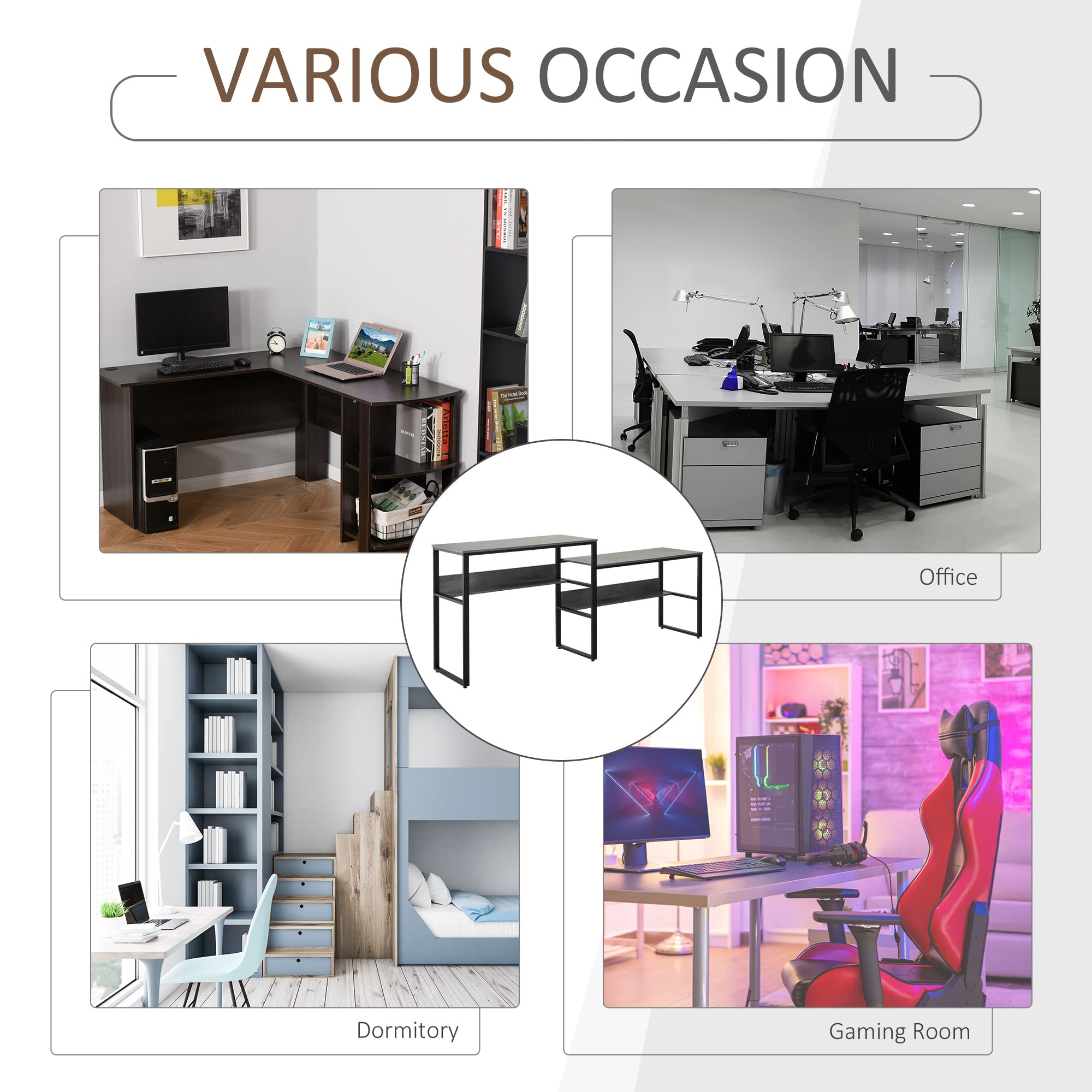 HOMCOM 86.5 Inch Two Person Desk with Open Shelves - Double Computer Table, Writing Desk & Long Storage Workstation for Home Office (Gray) | Perfect for Shared Workspaces, Remote Work & Study Rooms