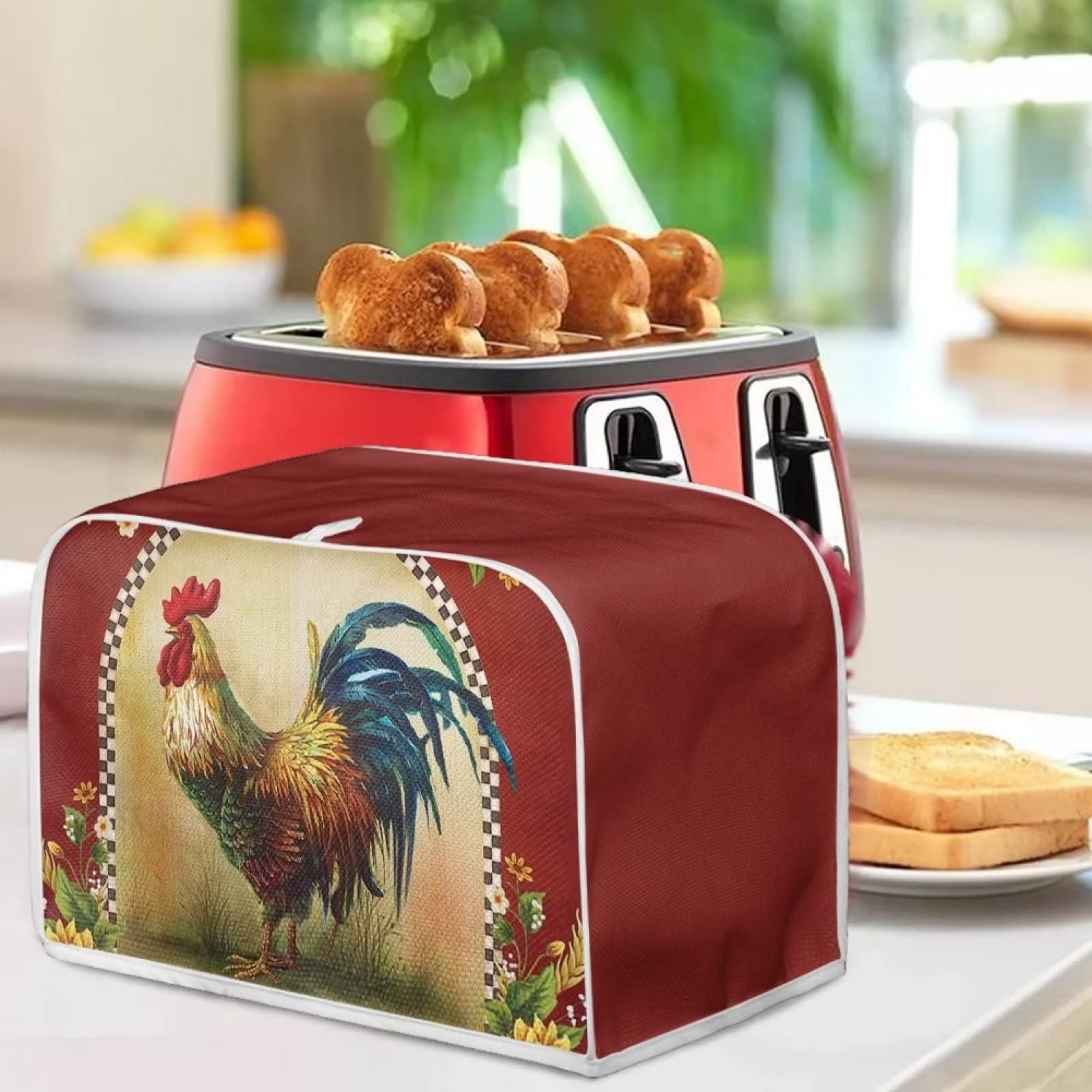 Sunflower Rooster Toaster Cover for 4-Slice Toaster - Cute Chicken Print Kitchen Appliance Dust Protector for Microwave & Bread Maker - Perfect for Farmhouse & Country Style Kitchens
